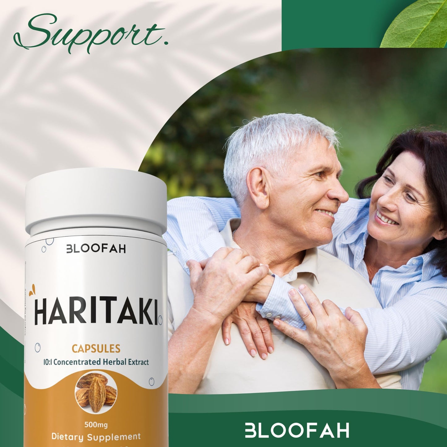 Close up of Bloofah Haritaki supplement packaging
