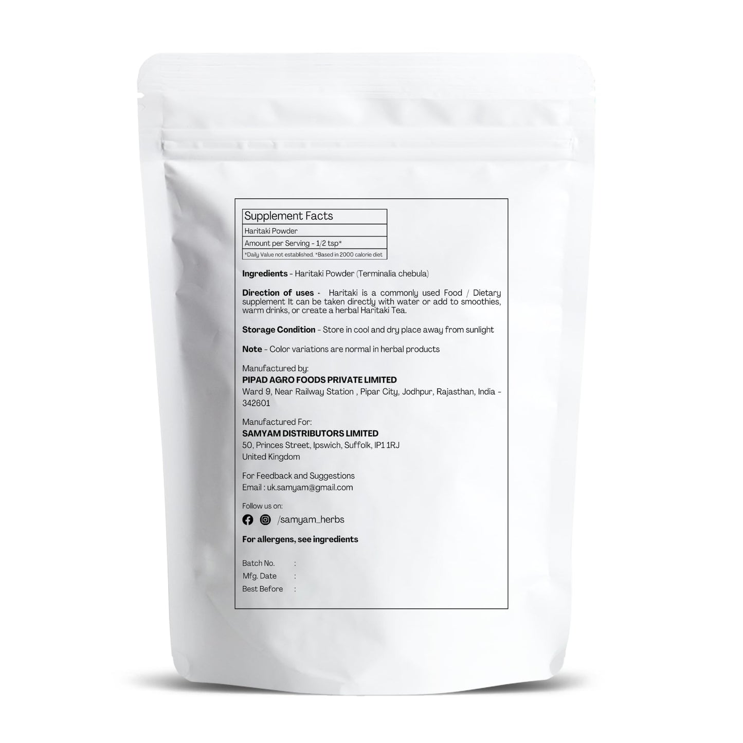 Samyam Haritaki powder 200g pack size reference