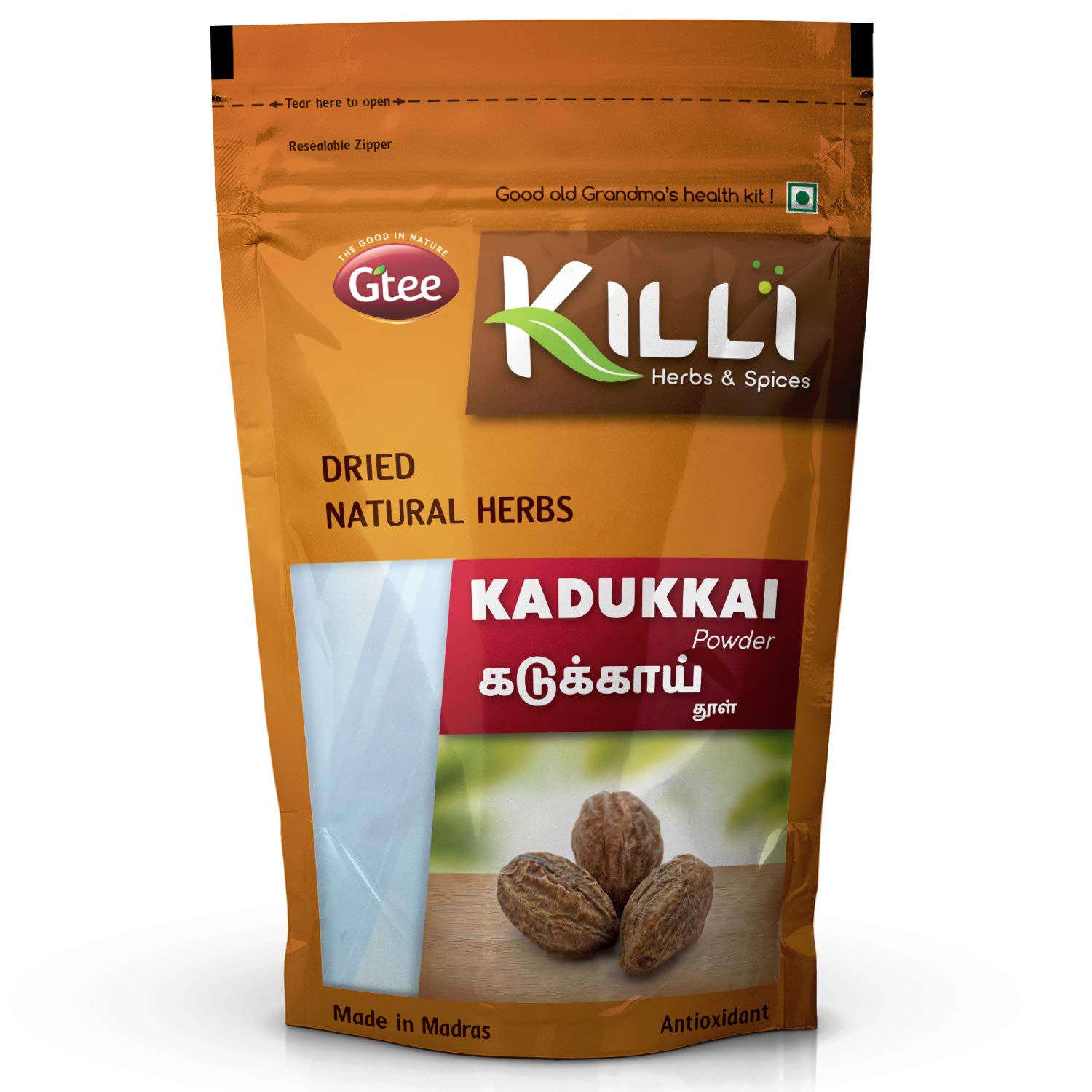 KILLI Kadukkai Terminalia Chebula seedless herbal powder displayed out of its resealable pouch