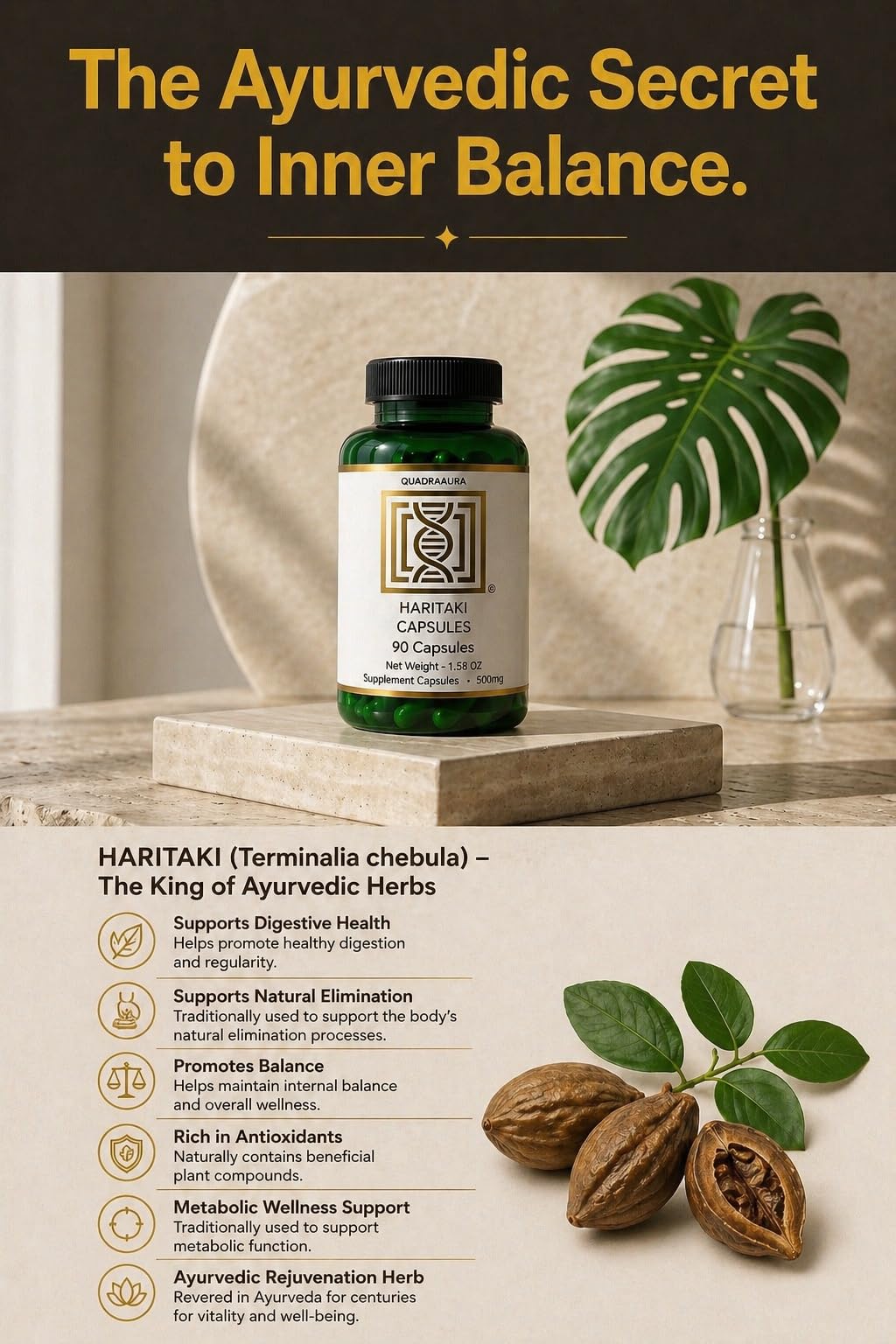 Quadraaura Haritaki capsules bottle showing Ayurvedic supplement label