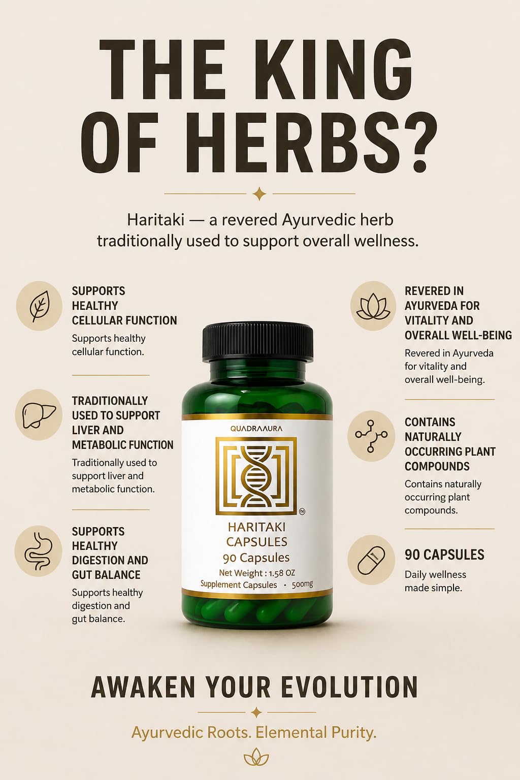 Detailed ingredient label on Quadraaura Haritaki supplement