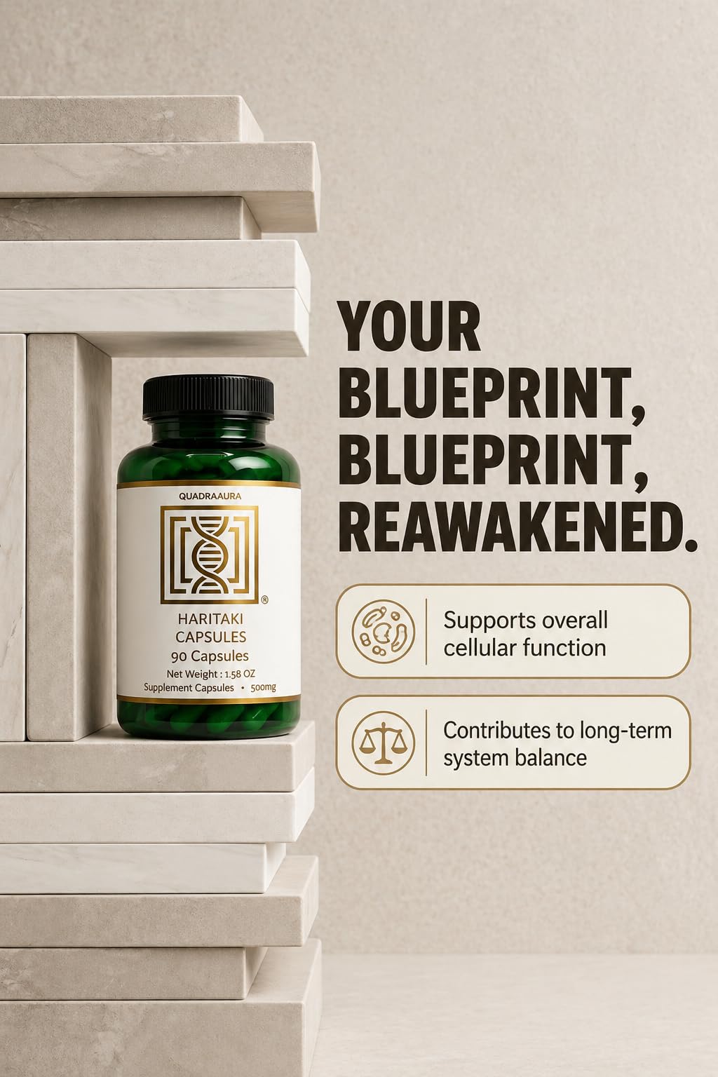 Back label of Quadraaura Haritaki 500mg supplement bottle