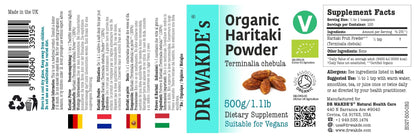 DR WAKDE'S pure raw dried Haritaki supplement packaging back label showing ingredient list