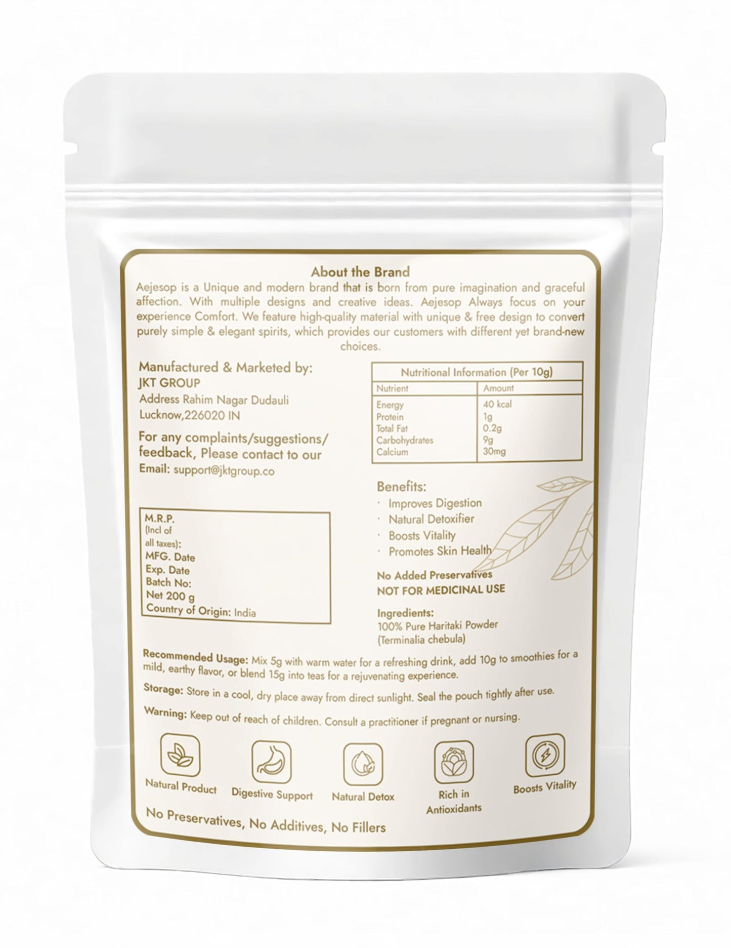 Aejesop Haritaki dietary supplement 200 grams label detail
