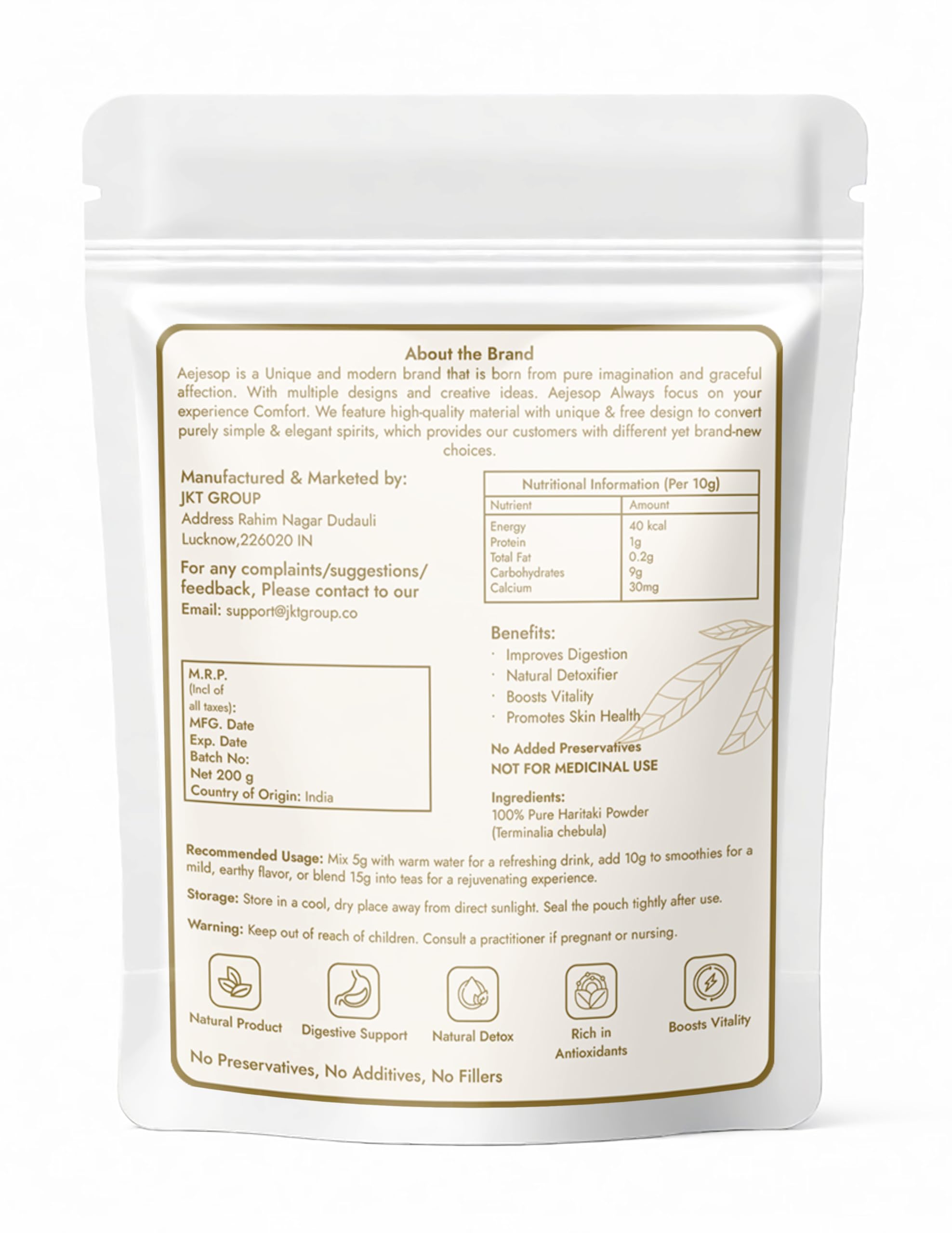 Aejesop Haritaki dietary supplement 200 grams label detail