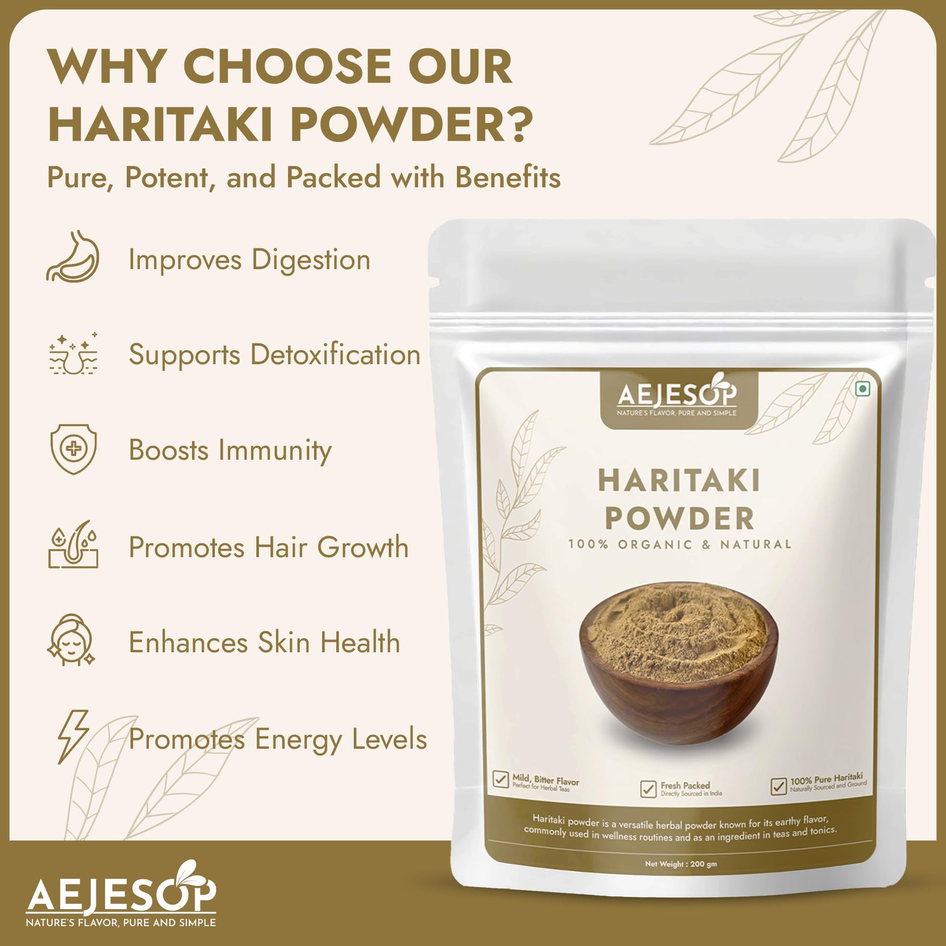 Back of package showing Aejesop Haritaki supplement information