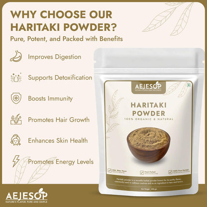 Back of package showing Aejesop Haritaki supplement information