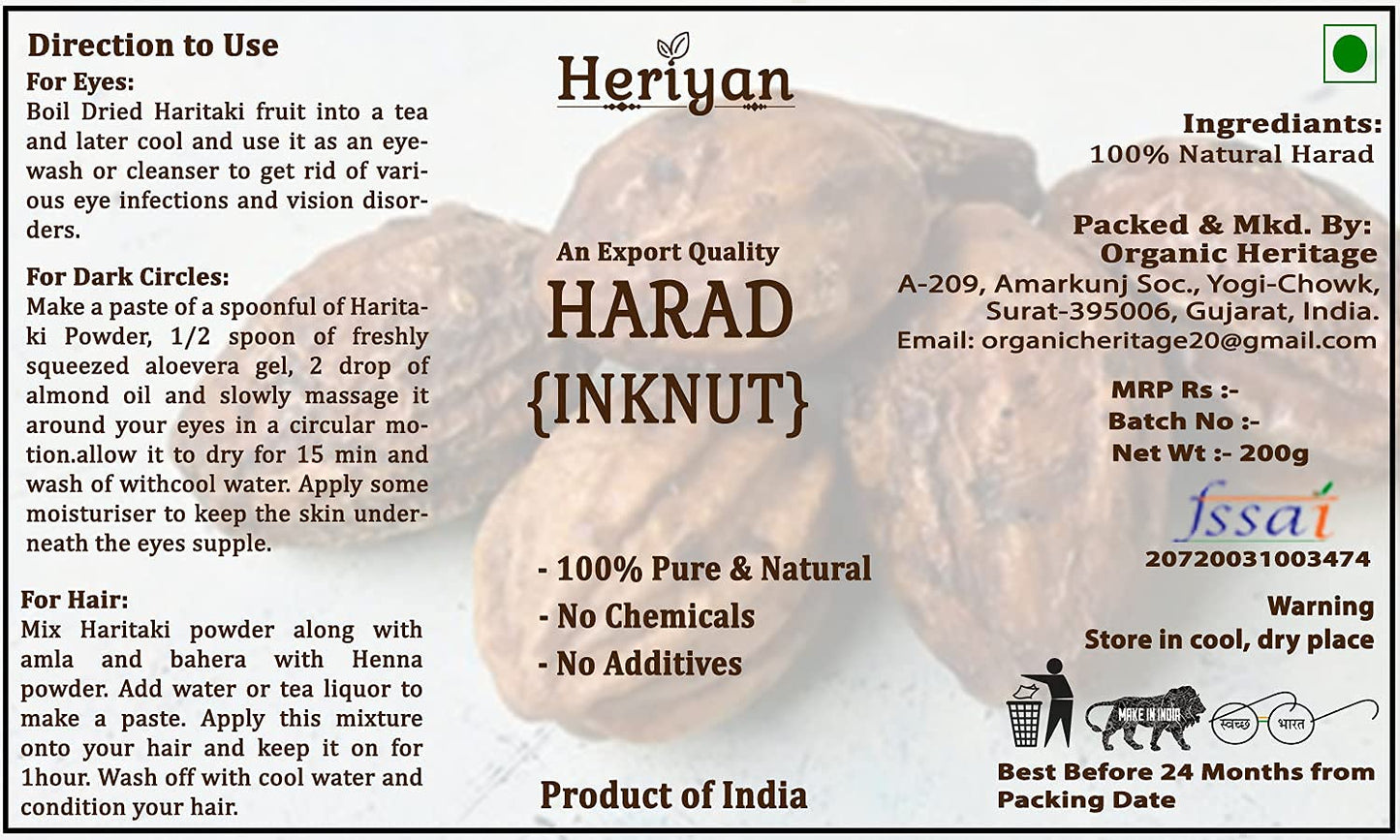 Heriyan Haritaki packaging label details and natural ingredients