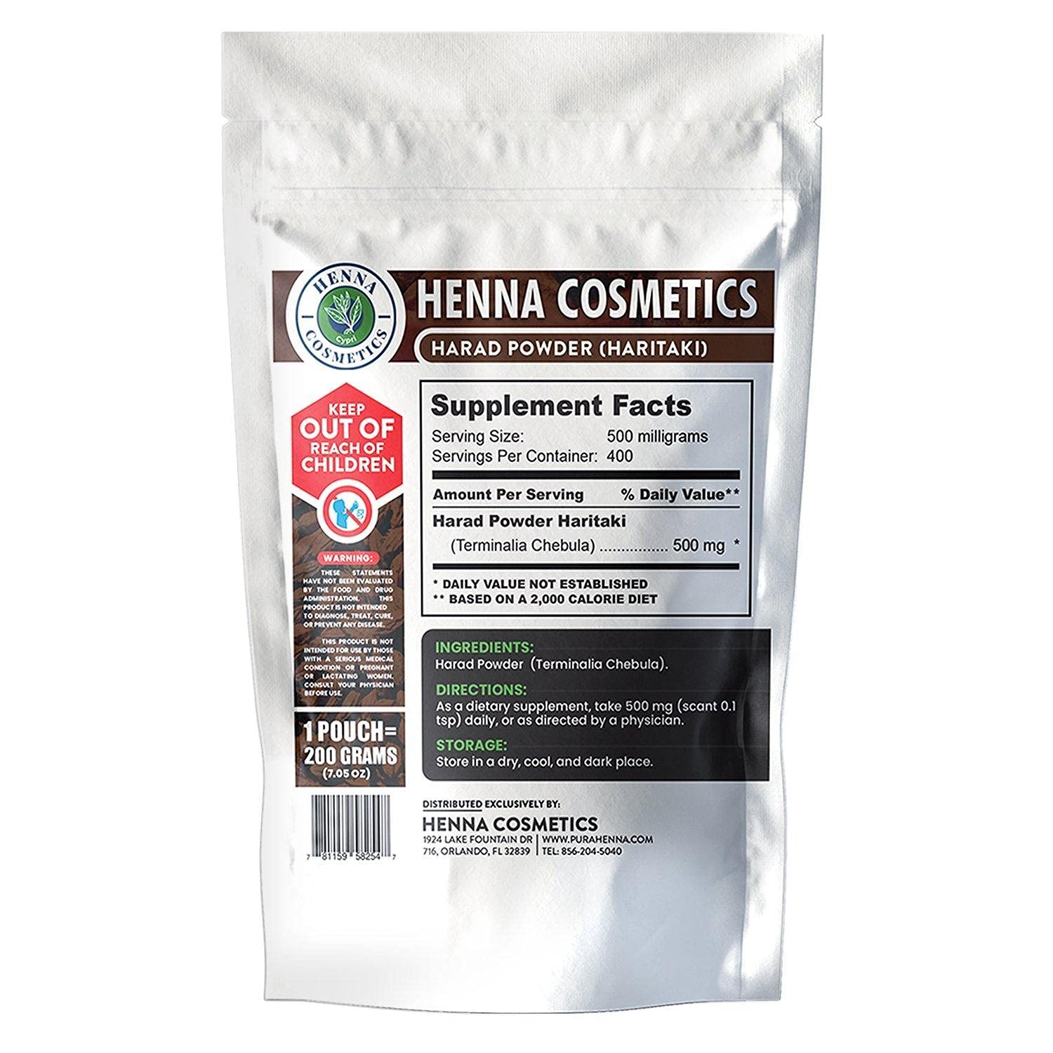 Henna Cosmetics Cypri Haritaki Powder herbal supplement ingredient label details.