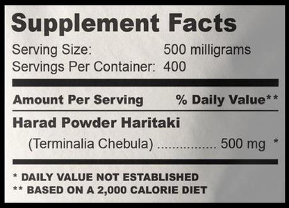 Authentic USA imported Haritaki powder bag showing Ayurvedic benefits list.