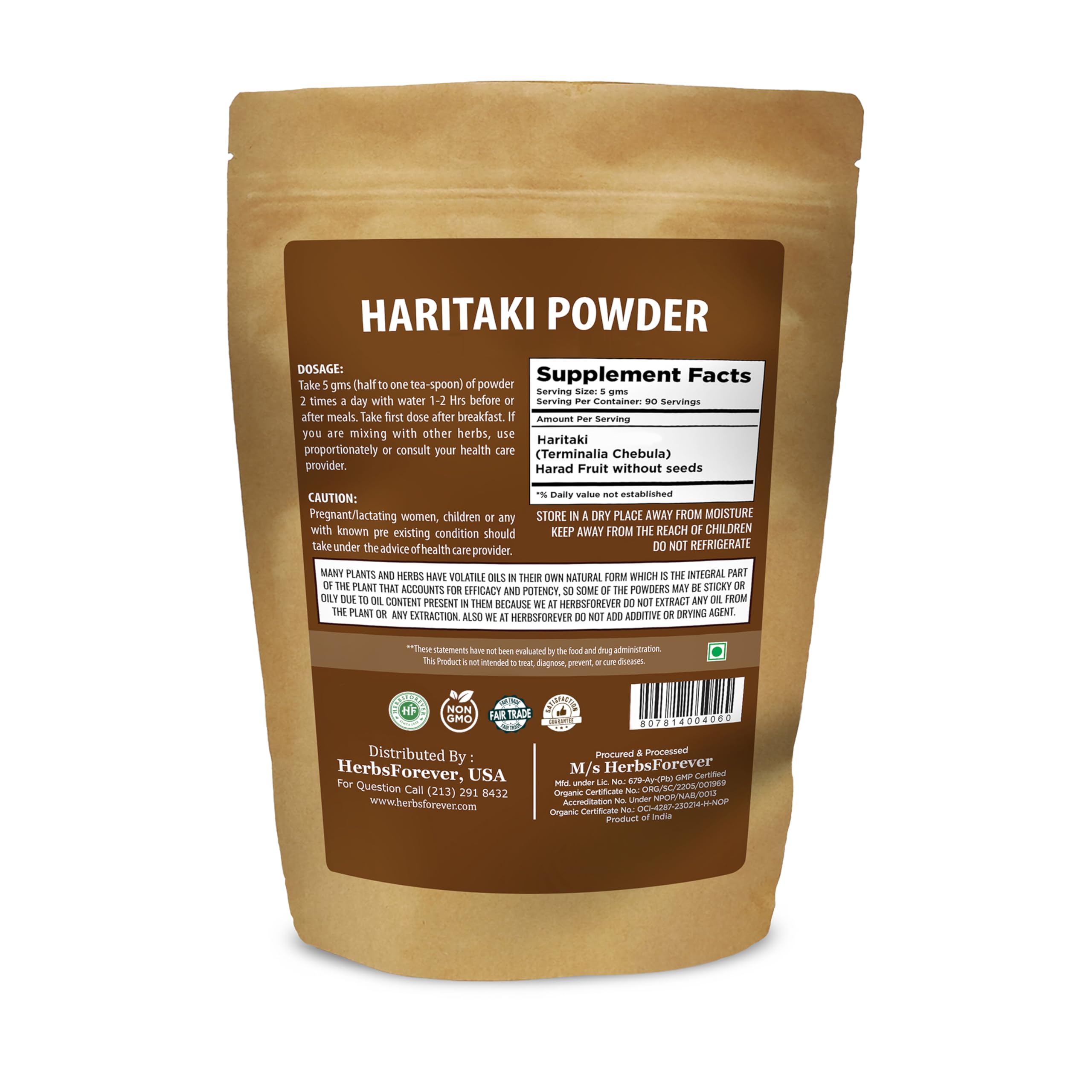 HerbsForever seedless Haritaki herbal powder showing nutritional supplement facts label.