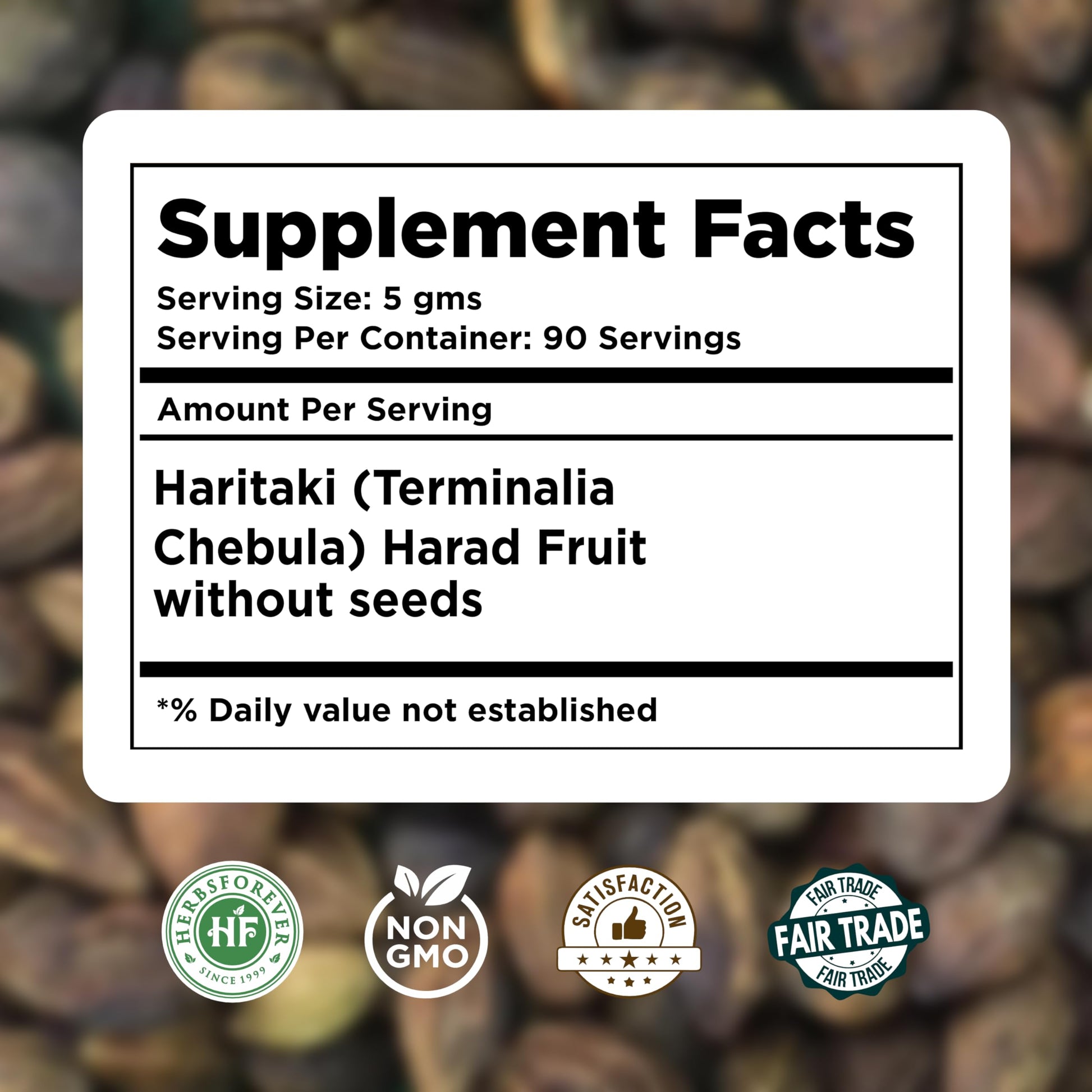 HerbsForever non-GMO gluten-free vegan Haritaki powder clean certified seal view.