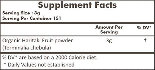 Herbs Botanica pure vegan Haritaki powder ingredients label showing zero additives