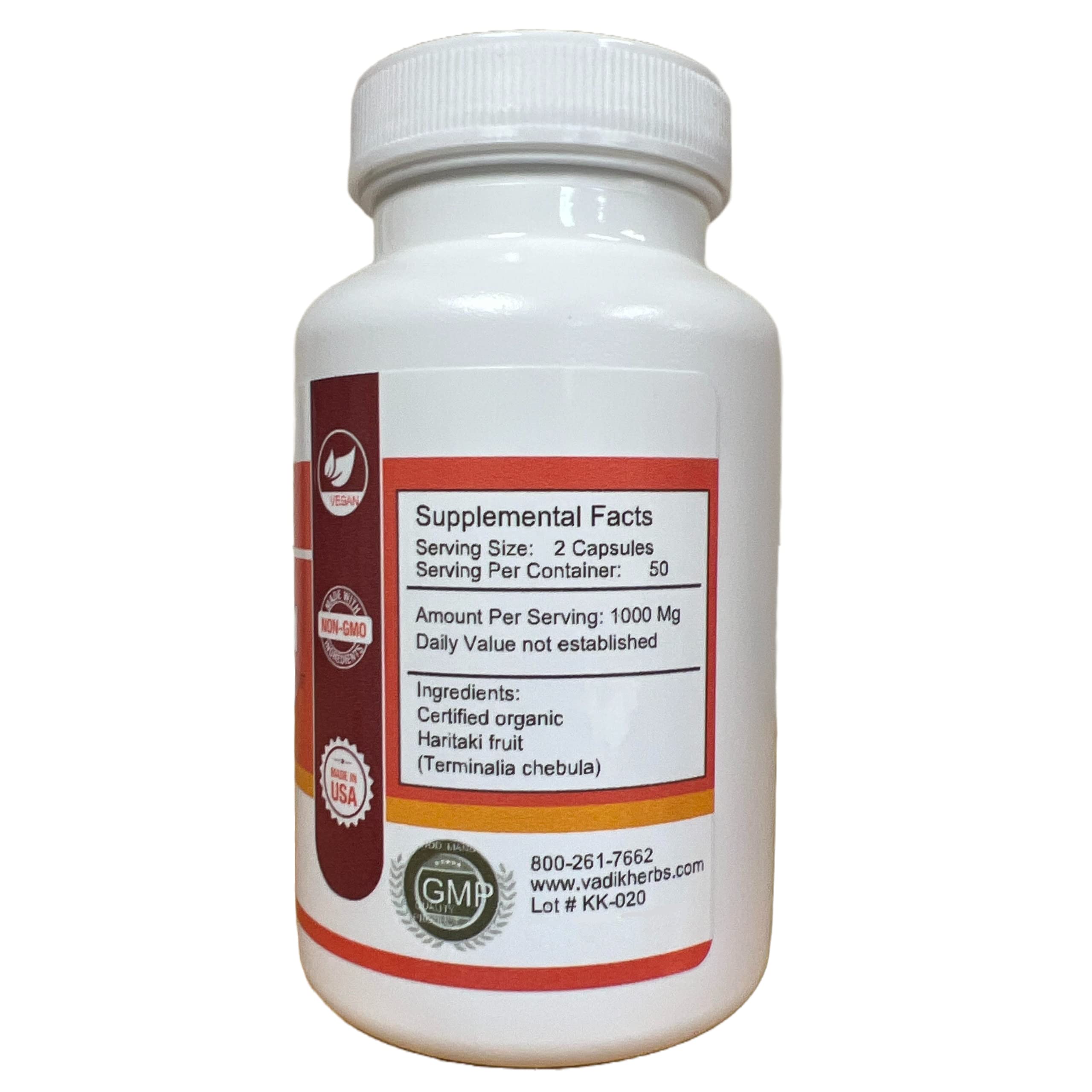 Vadik Herbs Haritaki supplement bottle label showing organic certification