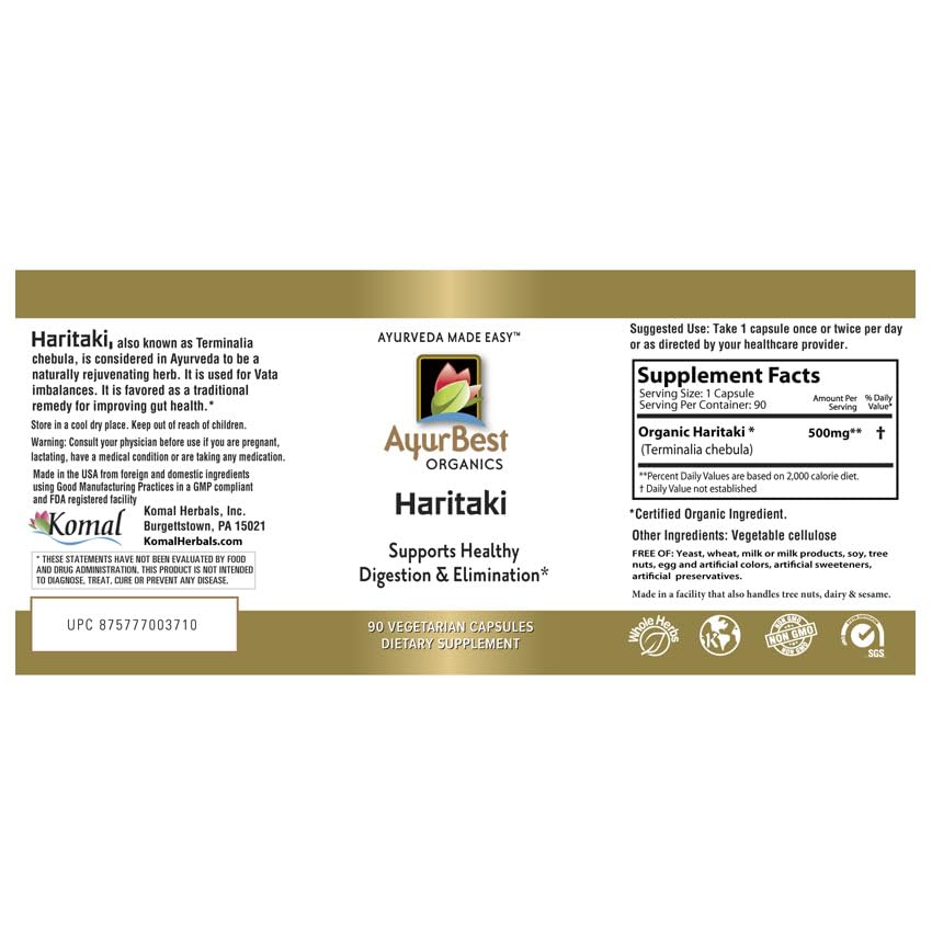 AyurBest USDA Organic Haritaki 500mg supplement label details