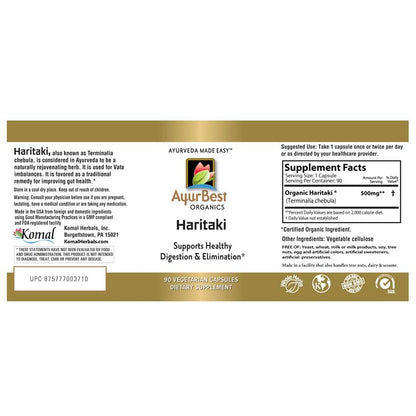 AyurBest USDA Organic Haritaki 500mg supplement label details