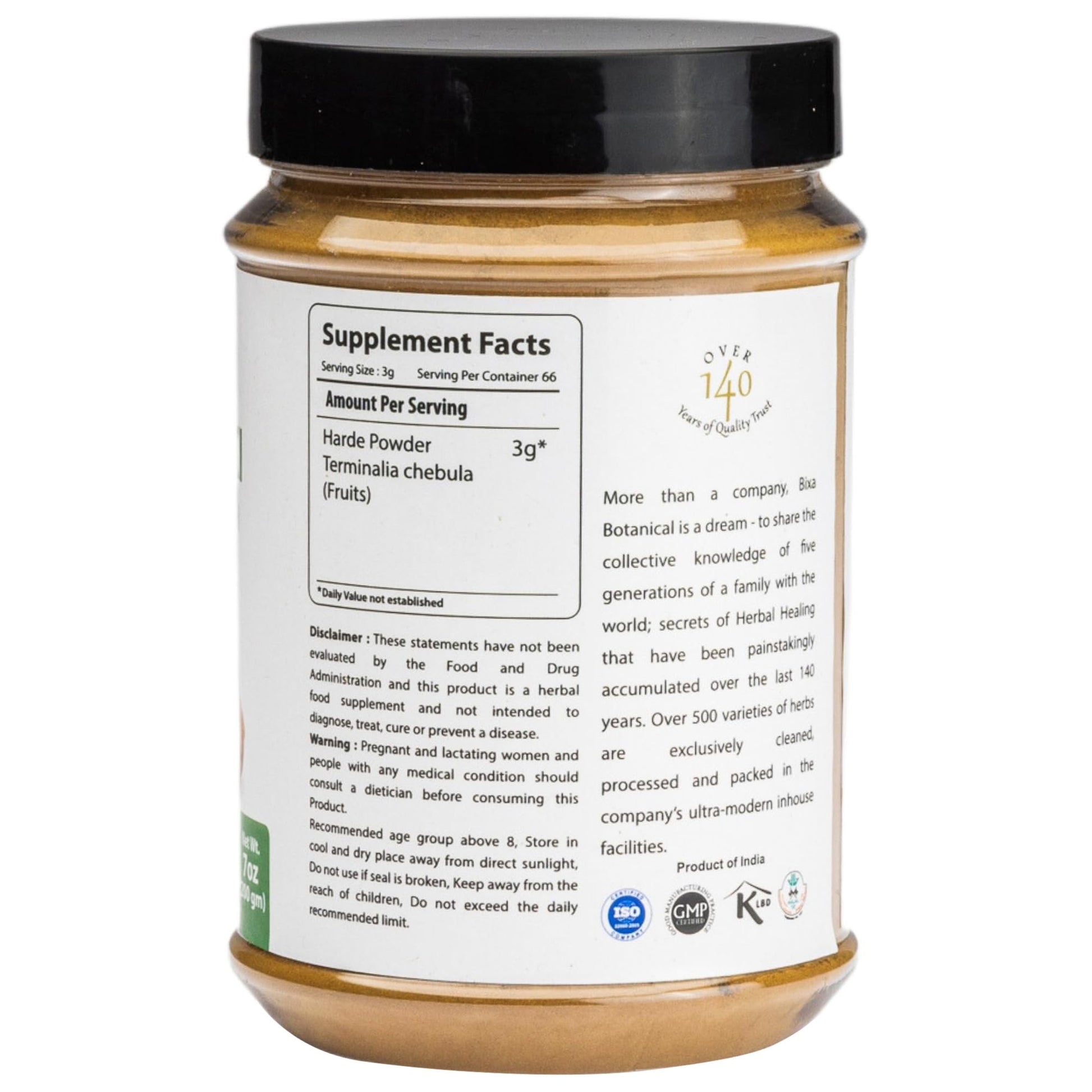 Bixa Botanical Harde Powder back label showing nutritional facts