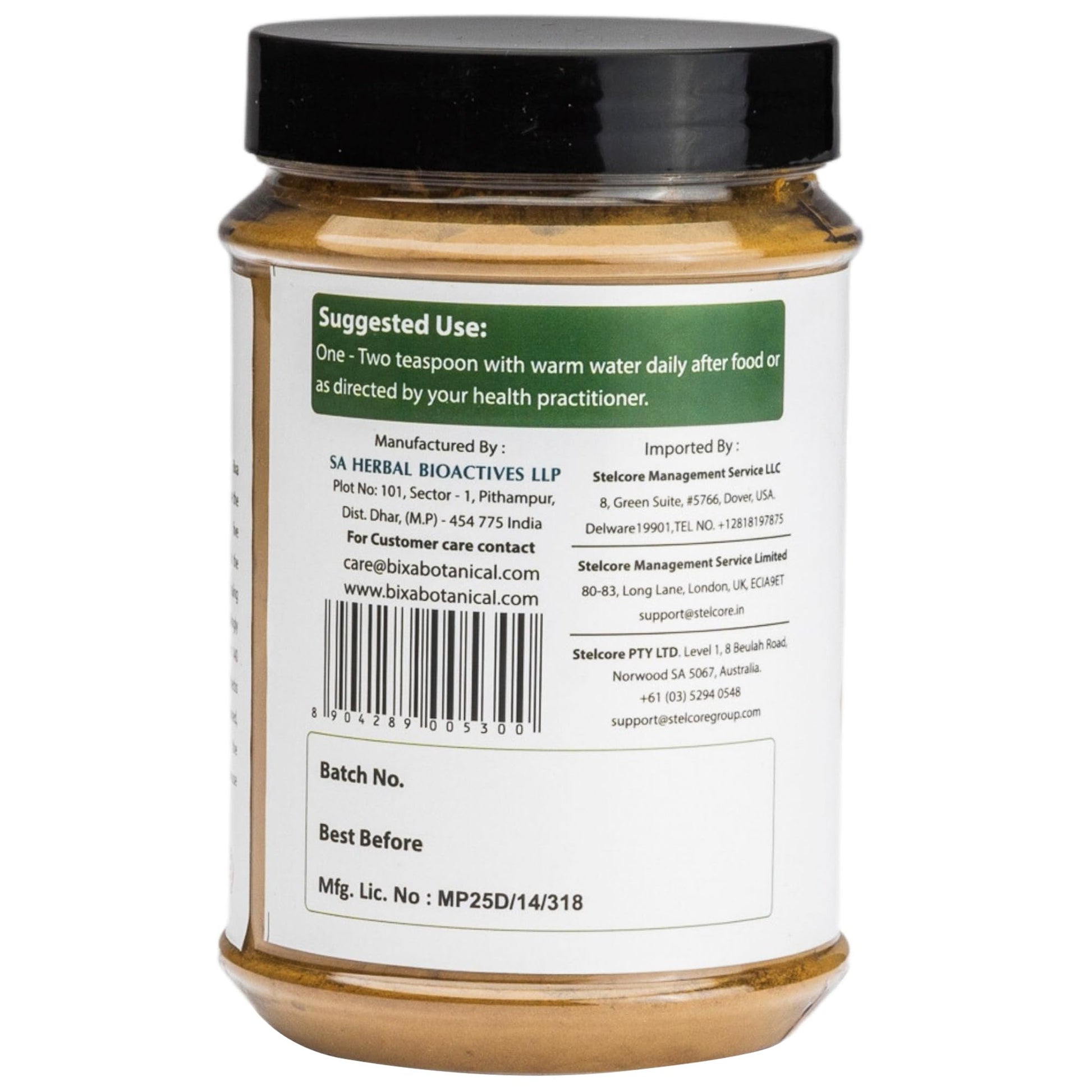 Organic Haritaki fruit supplement bag displayed with standard measurements
