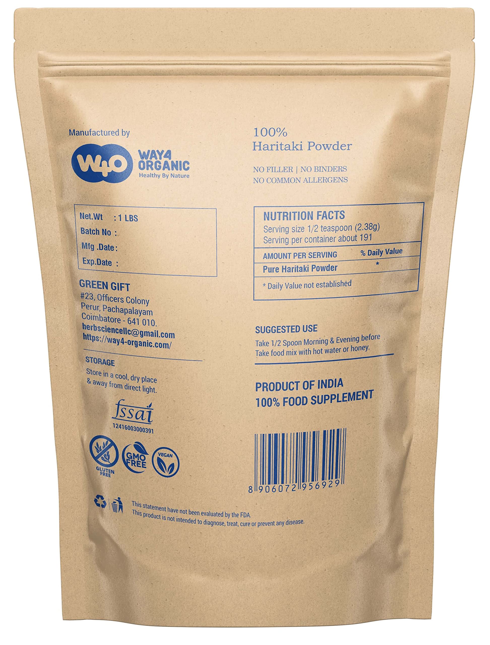 HerbsIndia W4O Terminalia Chebula dietary supplement nutritional facts label