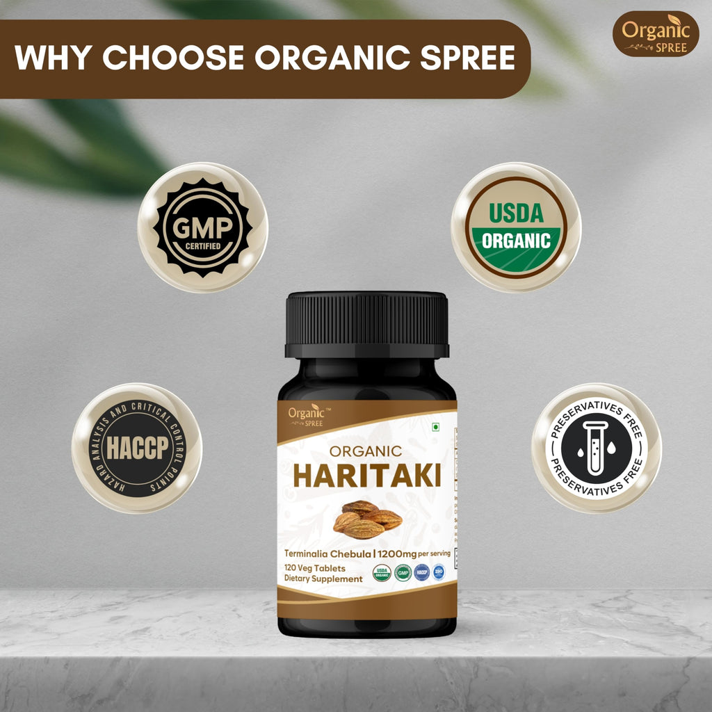 Organic Spree Haritaki 120 count bottle side profile