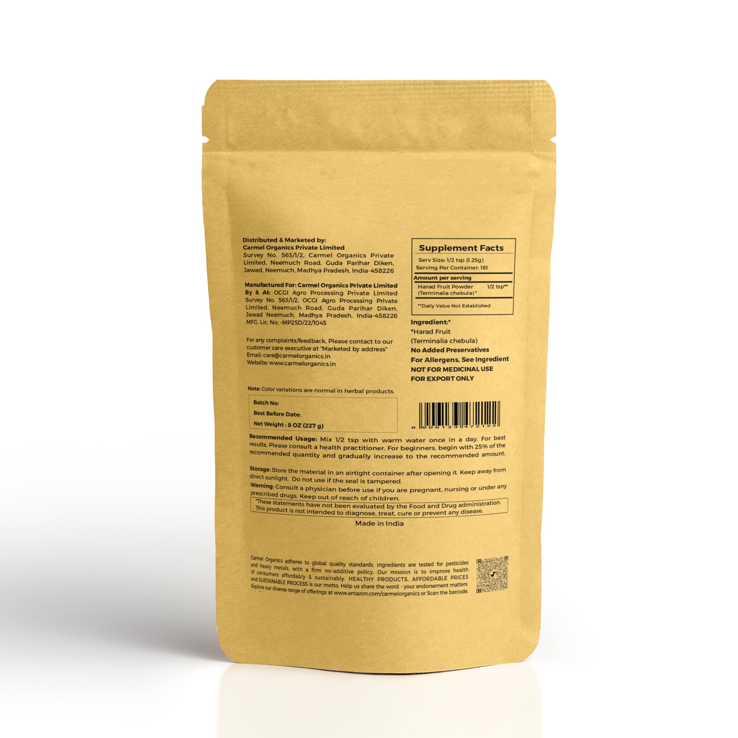 Carmel Organics Haritaki dietary supplement bag back label with ingredients and usage guidelines
