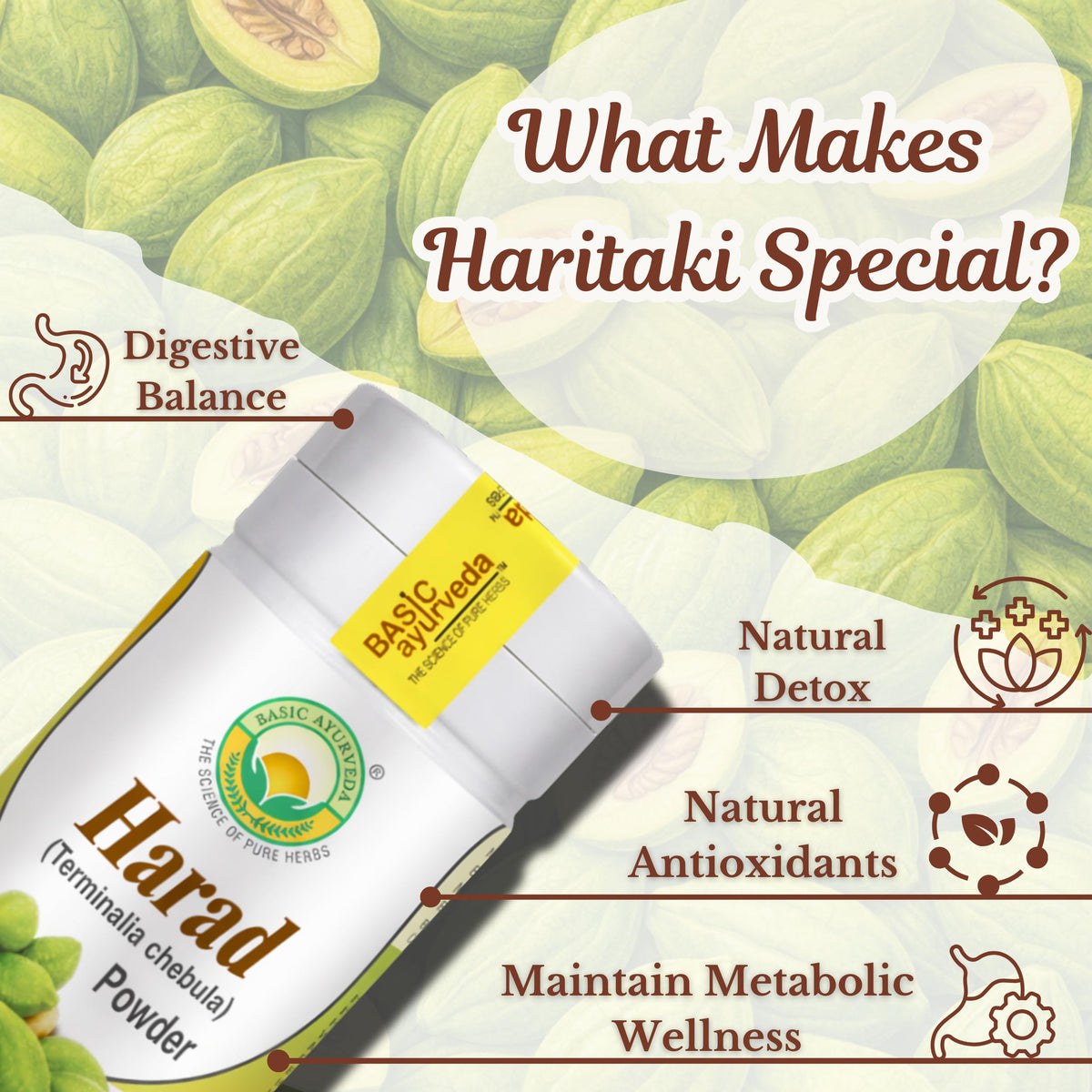 Basic Ayurveda Haritaki Harad Powder packaging side view