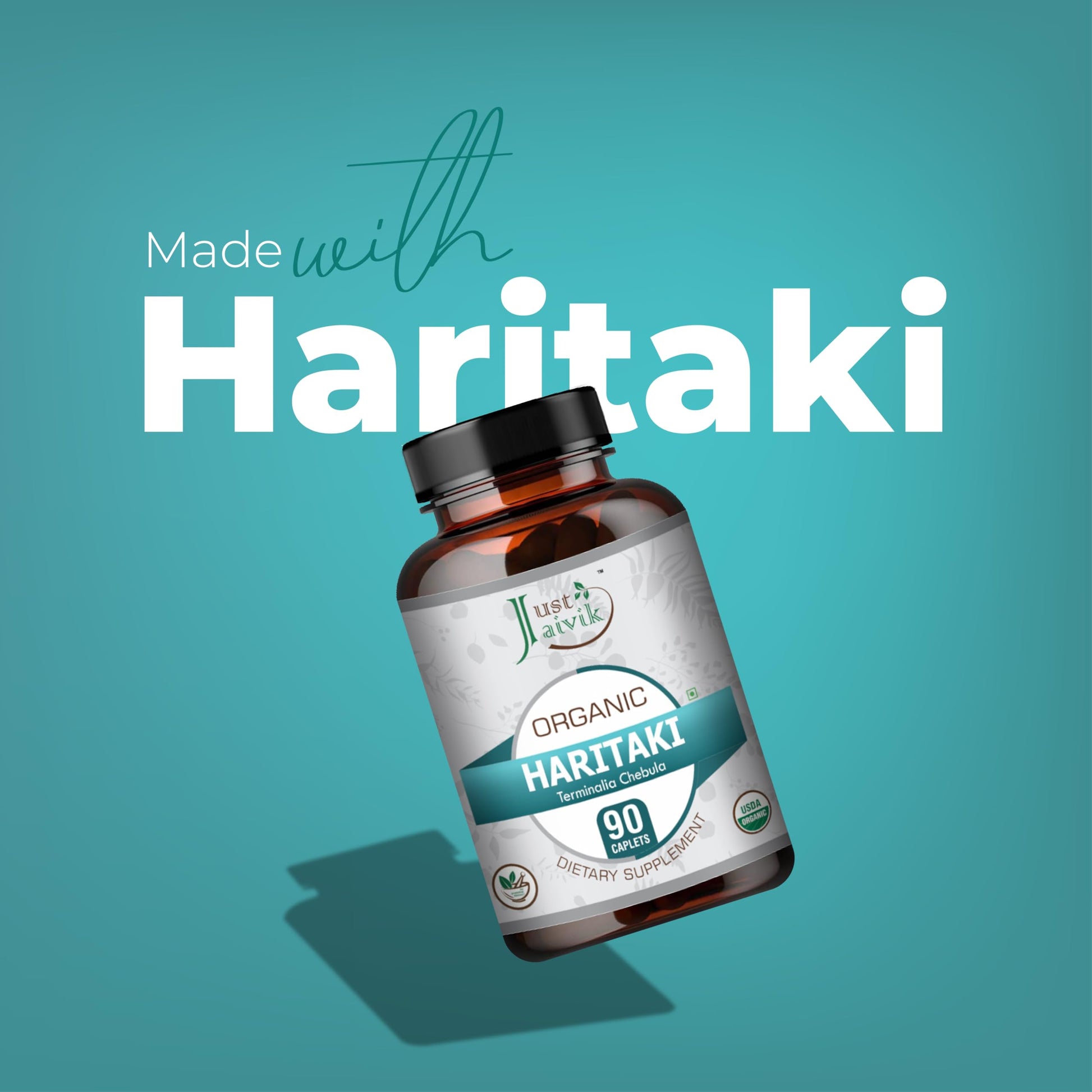 Premium imported Just Jaivik Haritaki caplets for Vata dosha balance