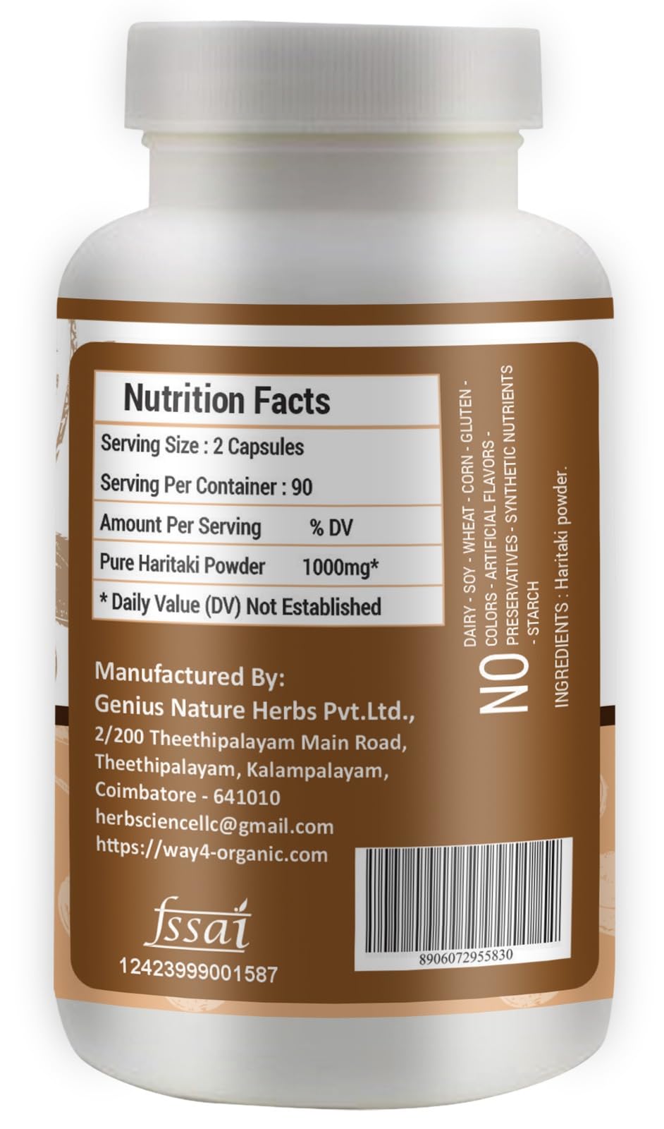 Way 4 Organic Terminalia Chebula capsules dietary facts