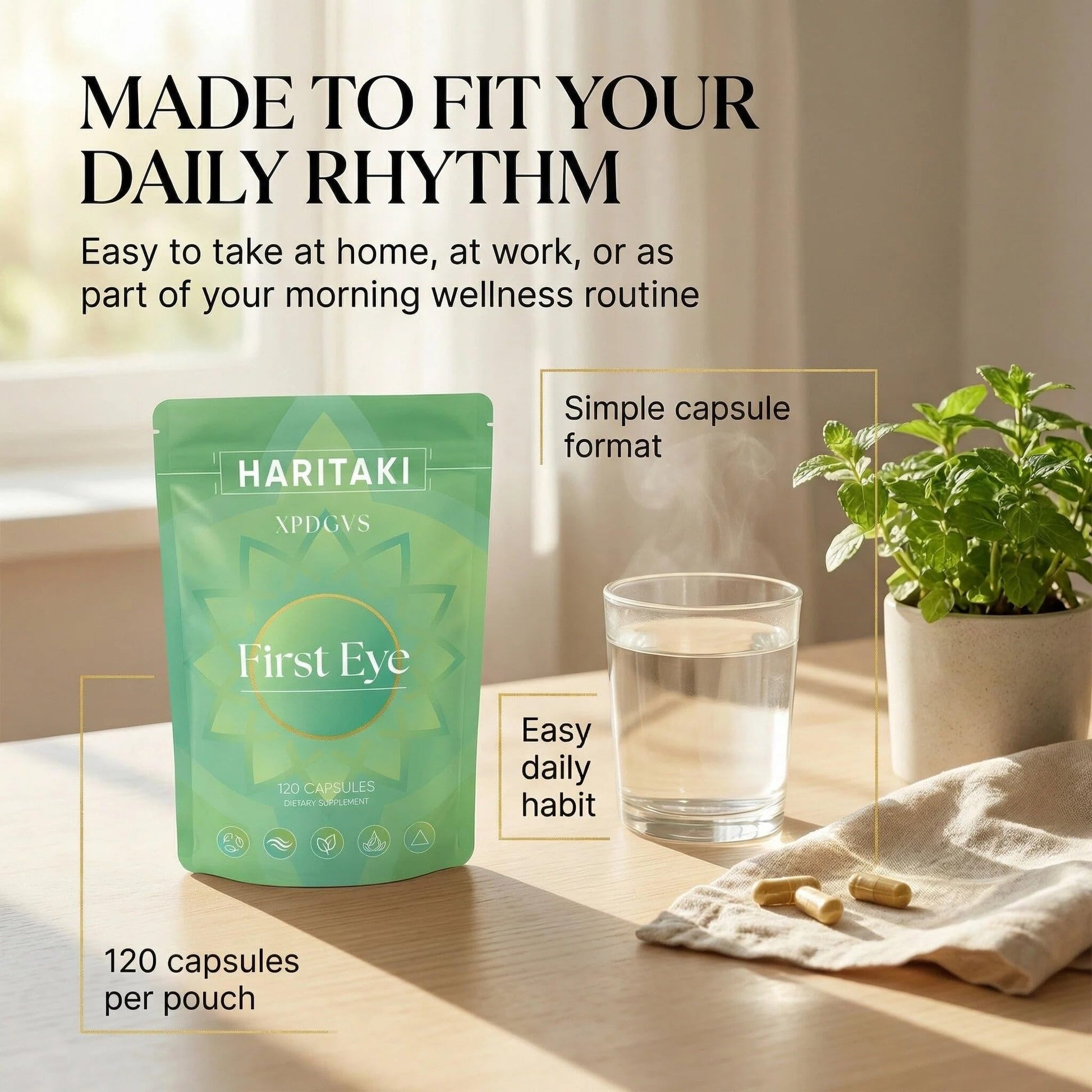 Side view of Haritaki 120 capsules bottle showing serving size