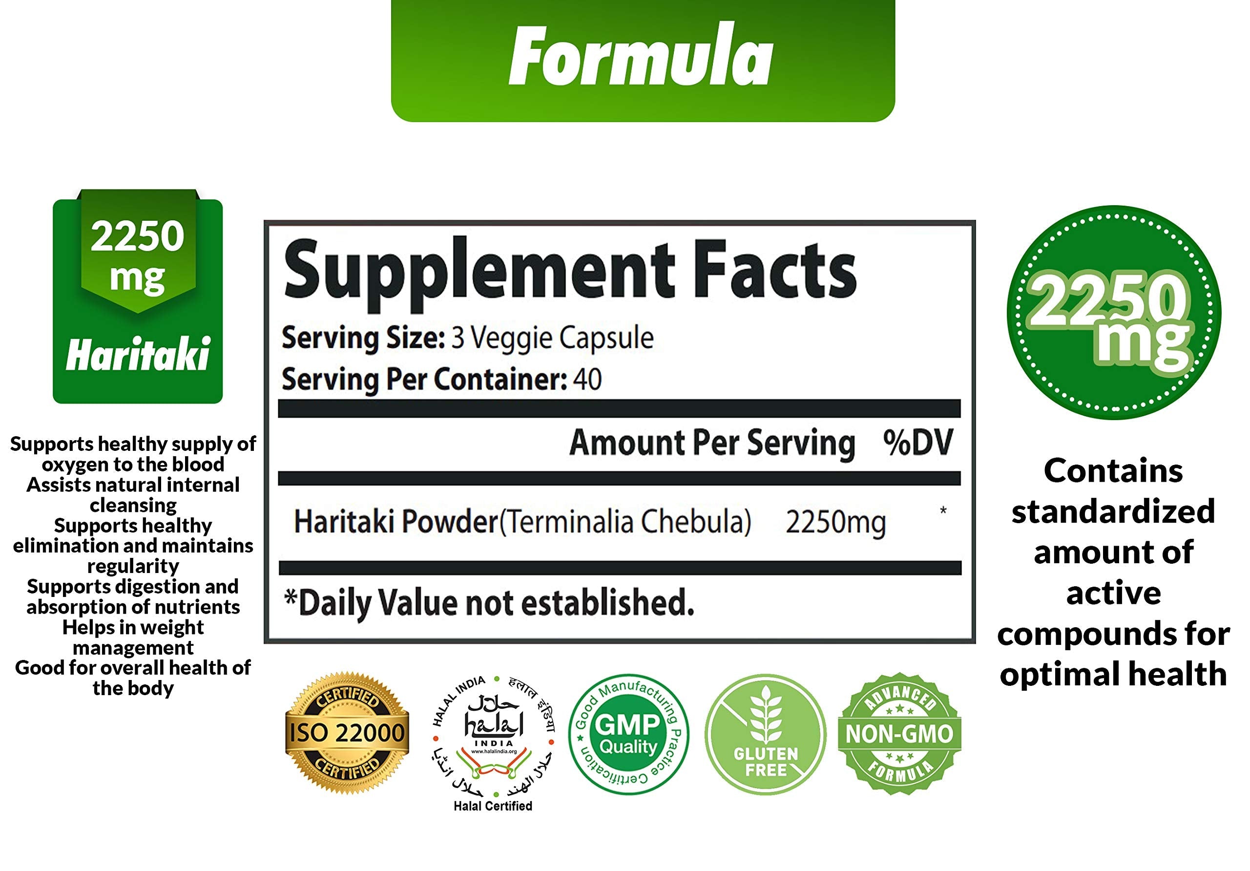 Cona Nature Haritaki 2250 milligrams supplement bottle showing organic ayurvedic ingredients