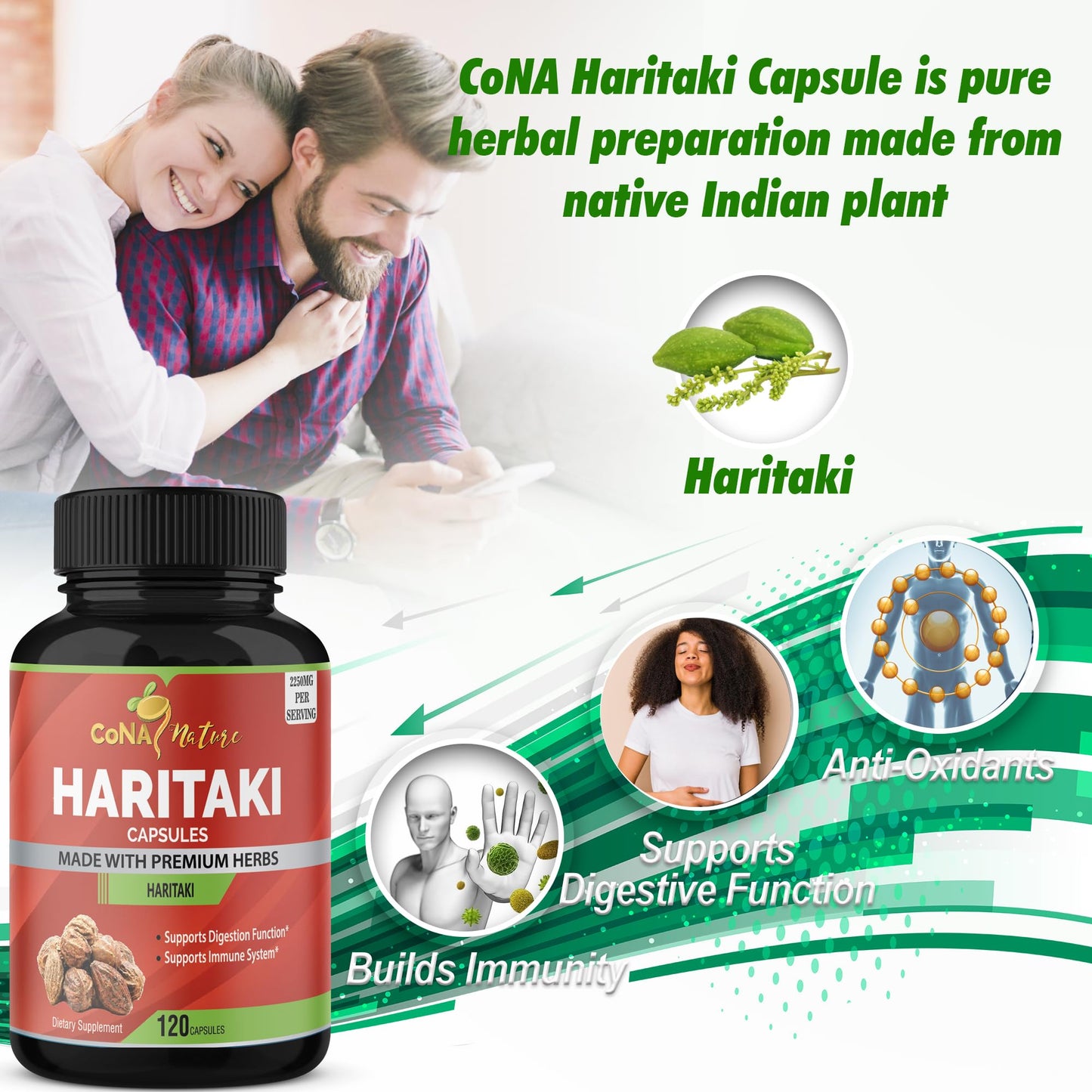 Supplement facts panel of organic Haritaki capsules showing 2250 milligrams per serving