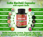 Non-GMO and gluten-free certifications on Cona Nature Haritaki digestive supplement bottle