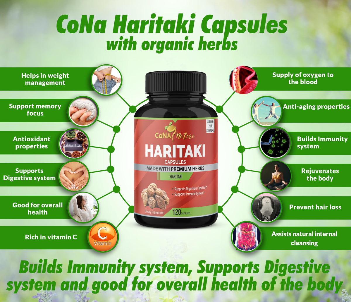 Non-GMO and gluten-free certifications on Cona Nature Haritaki digestive supplement bottle