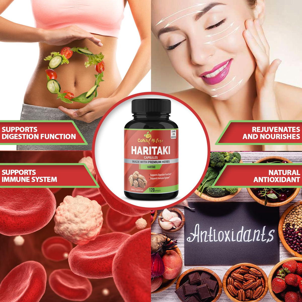 Cona Nature Haritaki capsules packaging displaying natural body cleansing benefits