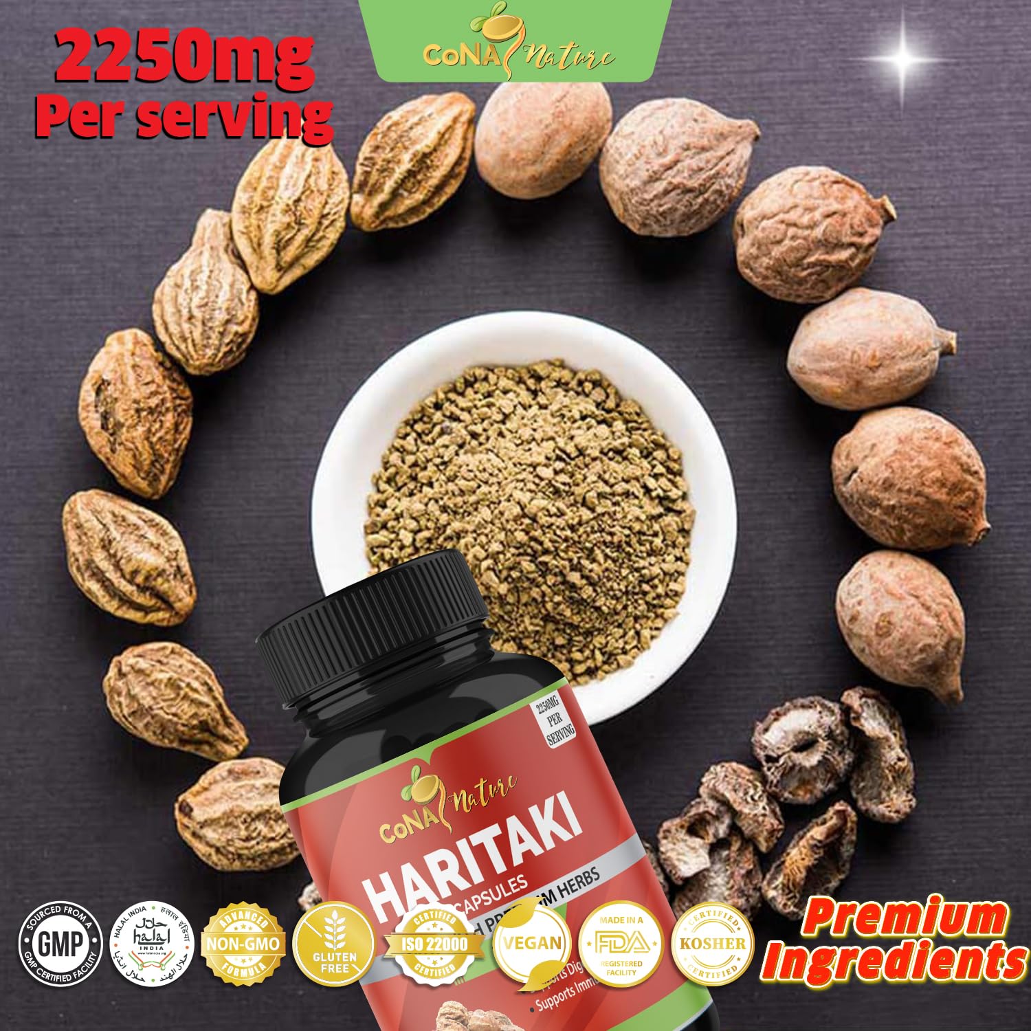 Daily dosage instructions on the premium bottle of Cona Nature Organic Haritaki