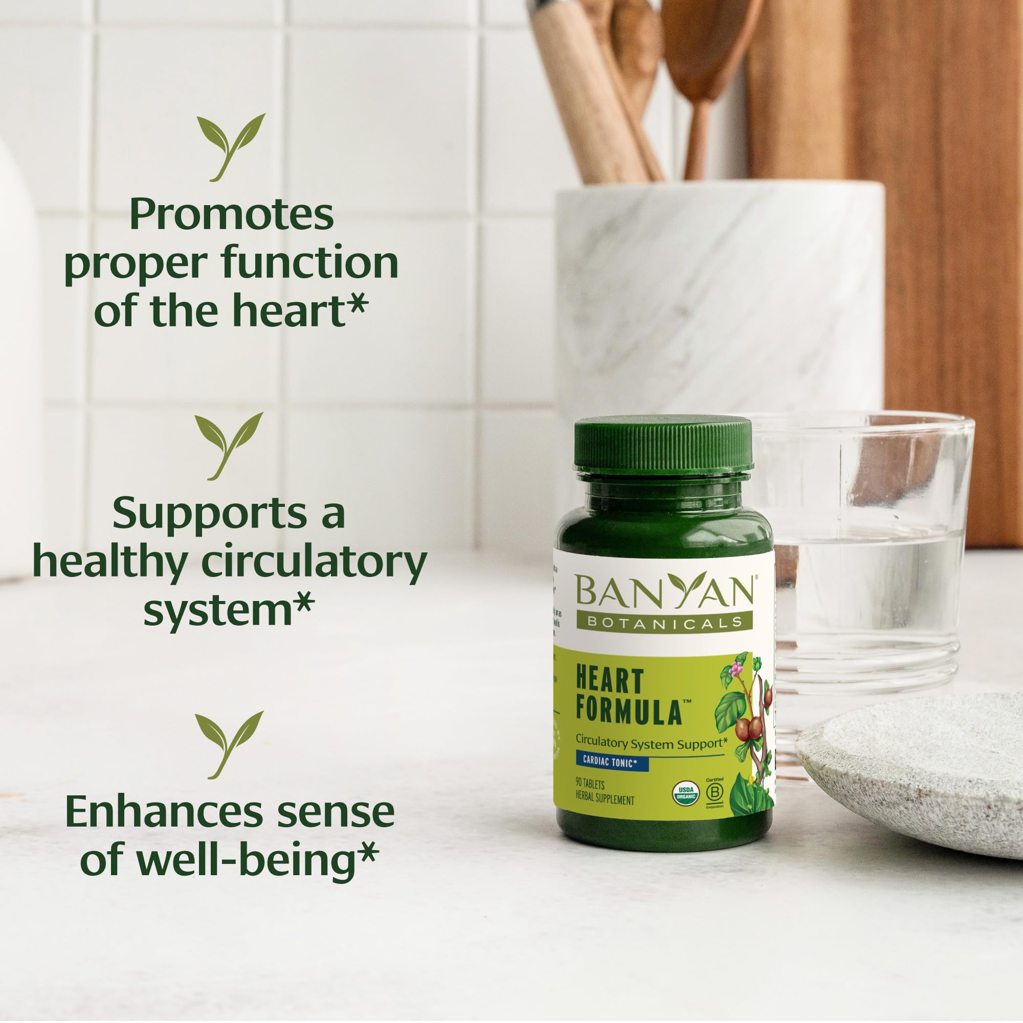 Banyan Botanicals Heart Formula supplement facts label showing organic arjuna bark.