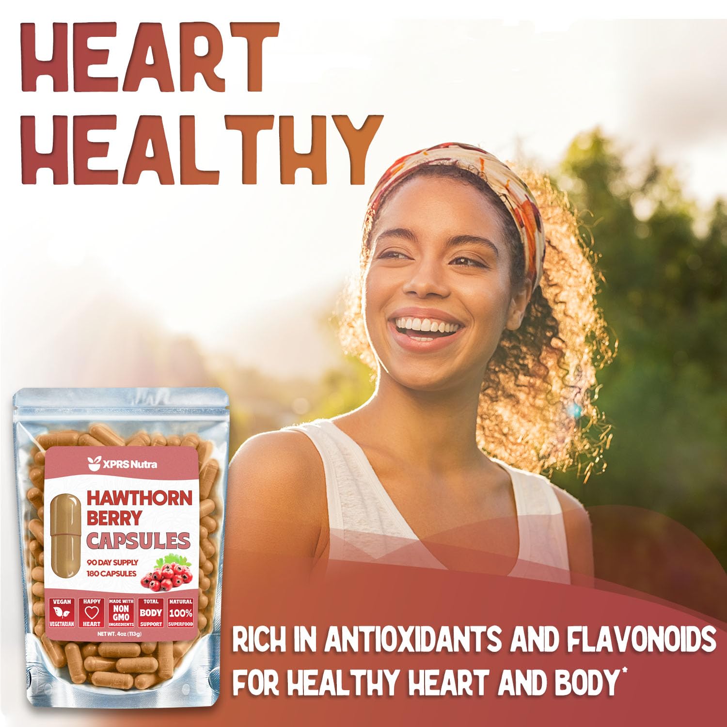 XPRS Nutra Hawthorn Berry vegan capsules supplement facts label detailing pure antioxidant ingredients.