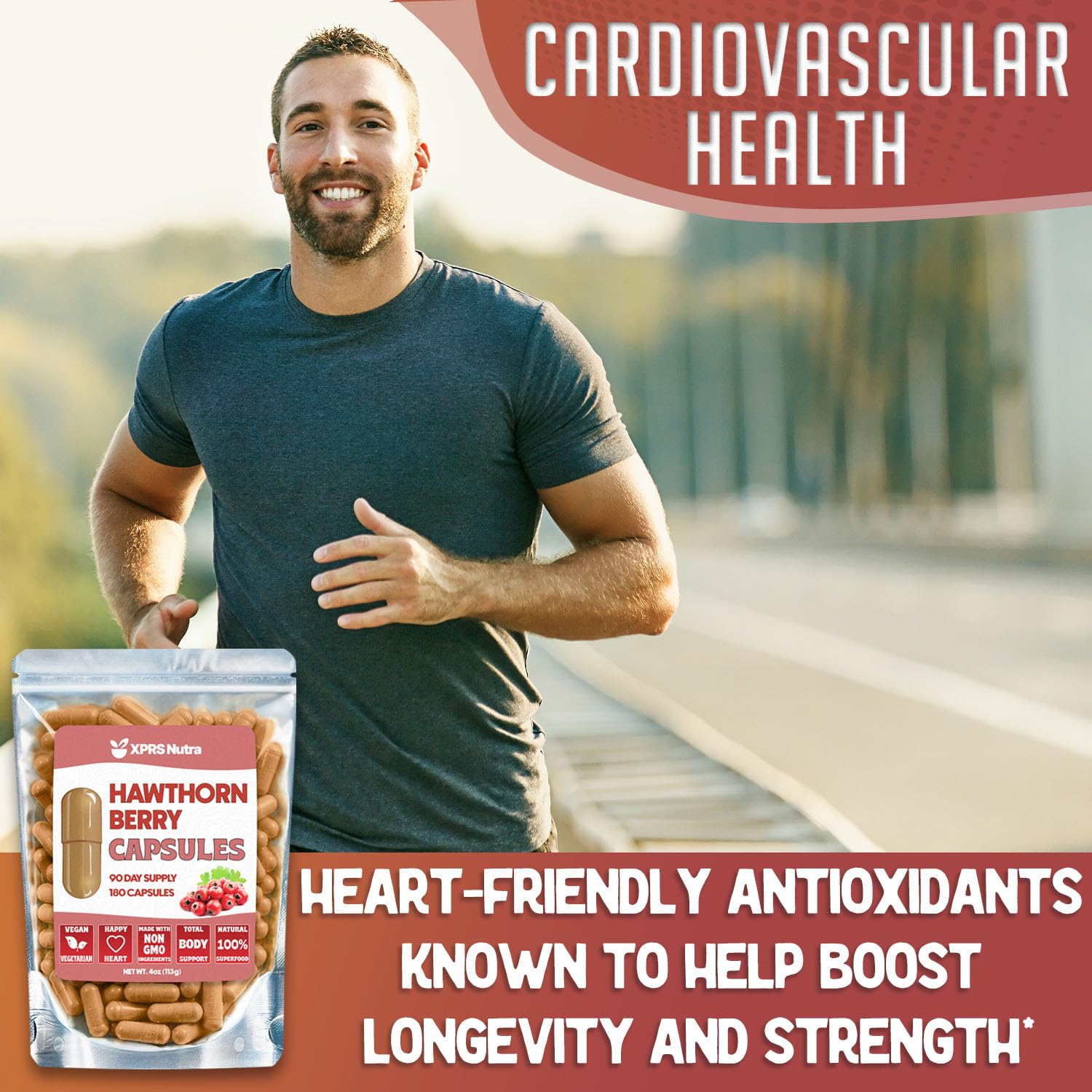 Close up look at the plant based non GMO hawthorn berry powder capsules for natural blood circulation.