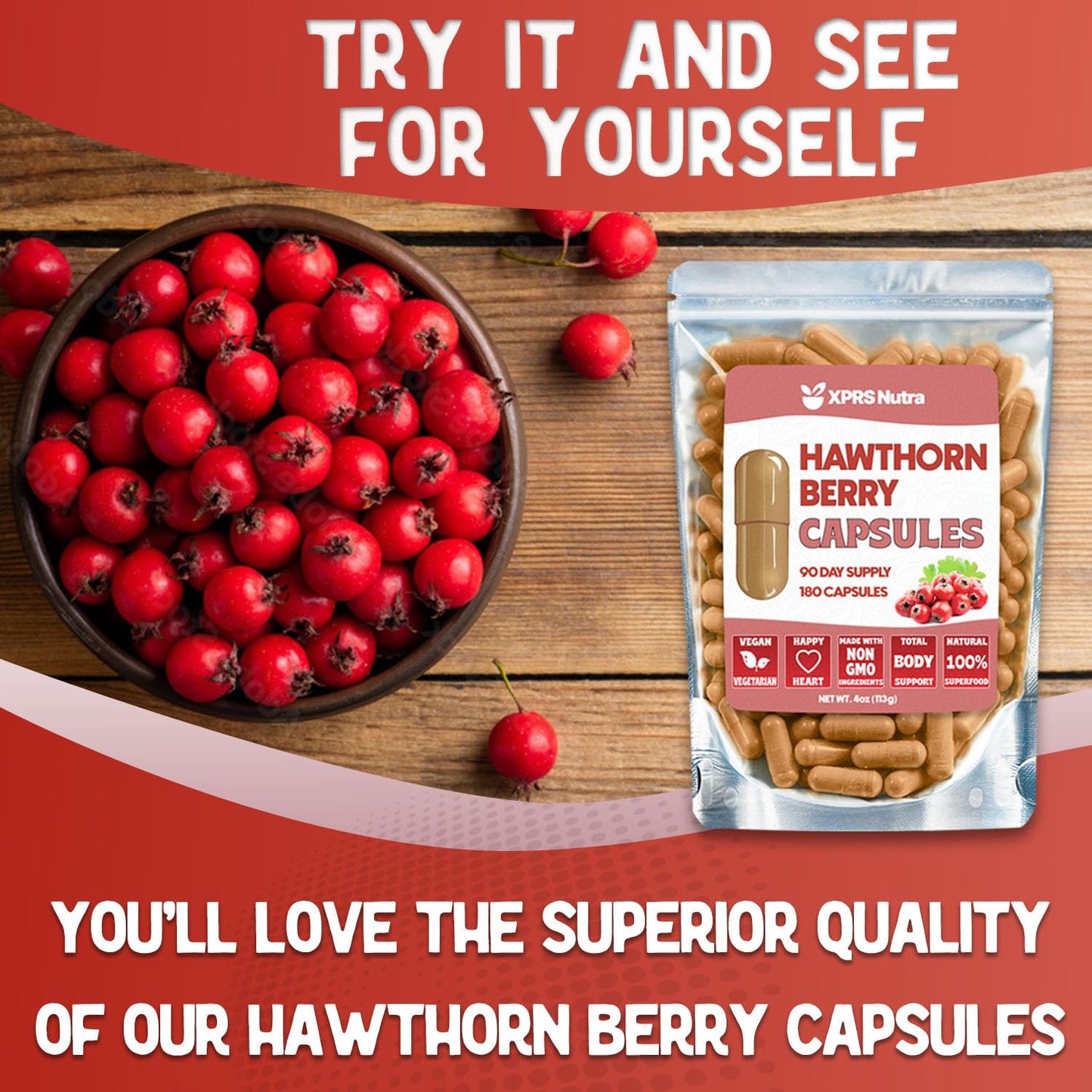 Authentic USA imported hawthorn berry health supplement showing bottle seals and premium packaging.