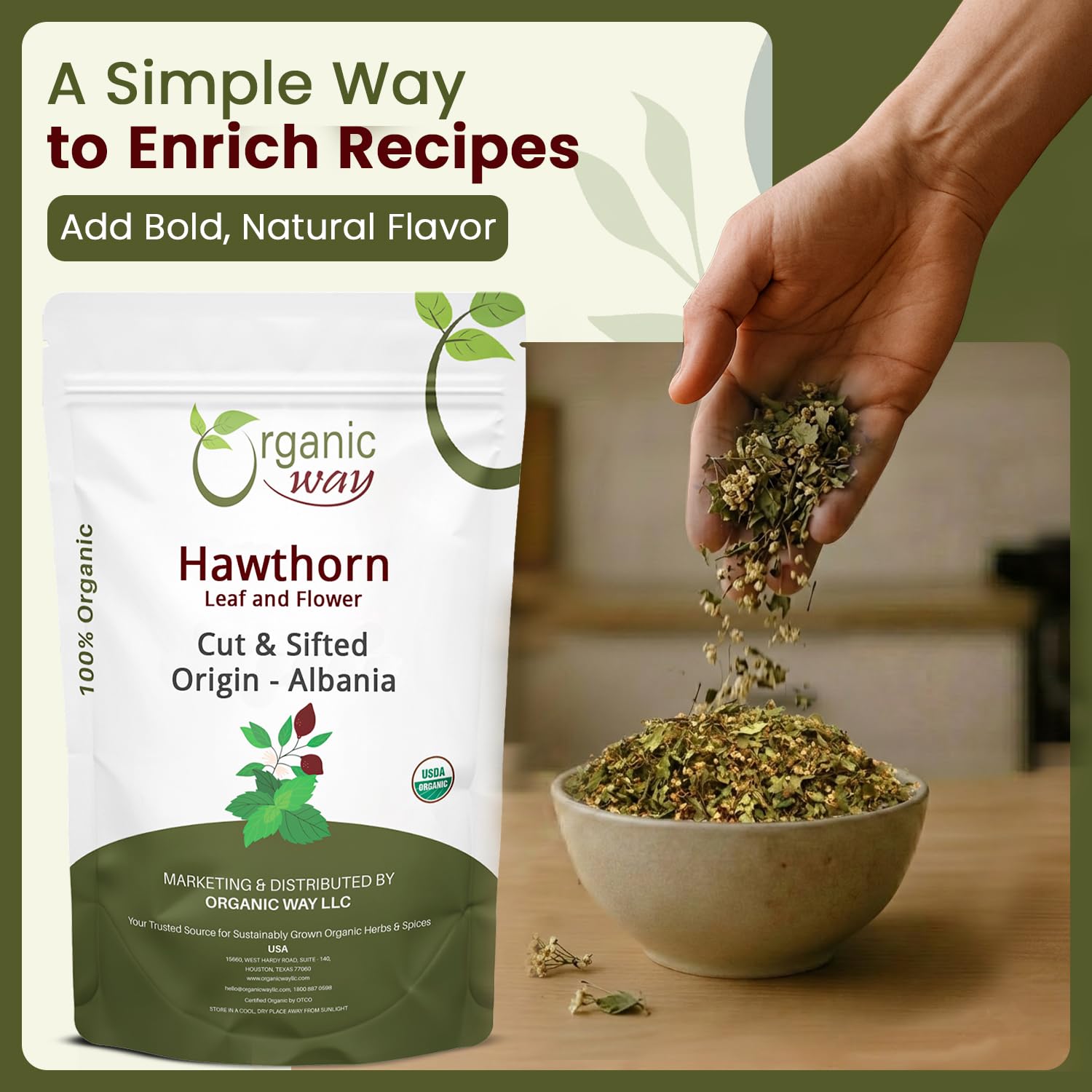 Organic Way Hawthorn Leaf and Flower loose tea packaging displaying USDA Organic seal