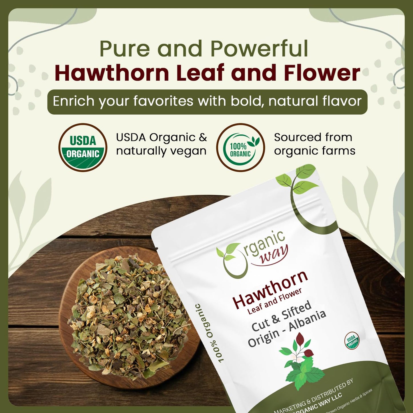 Back label of Organic Way Hawthorn Leaf and Flower showing product origin from Albania