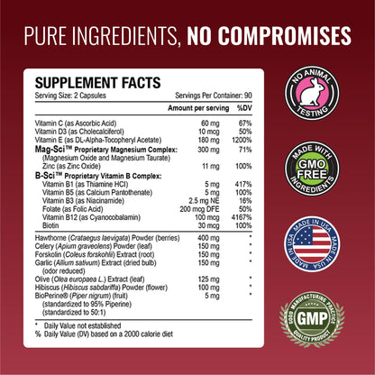 Approved Science Bloodsyl blood pressure management supplement packaging side panel showing nutritional facts.