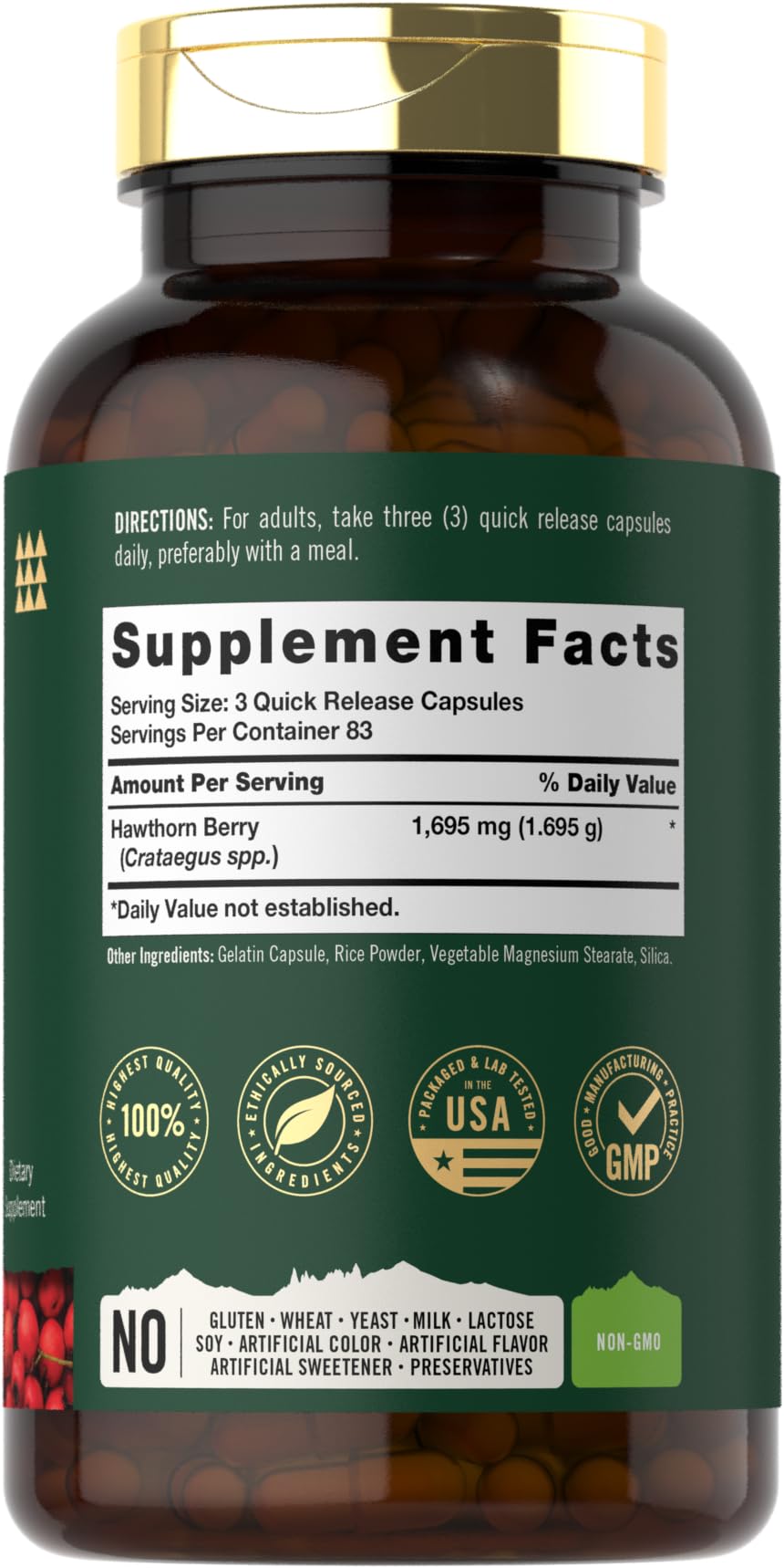 Tahoe Nutritionals Hawthorn Berry 1695mg supplement label details and nutritional facts