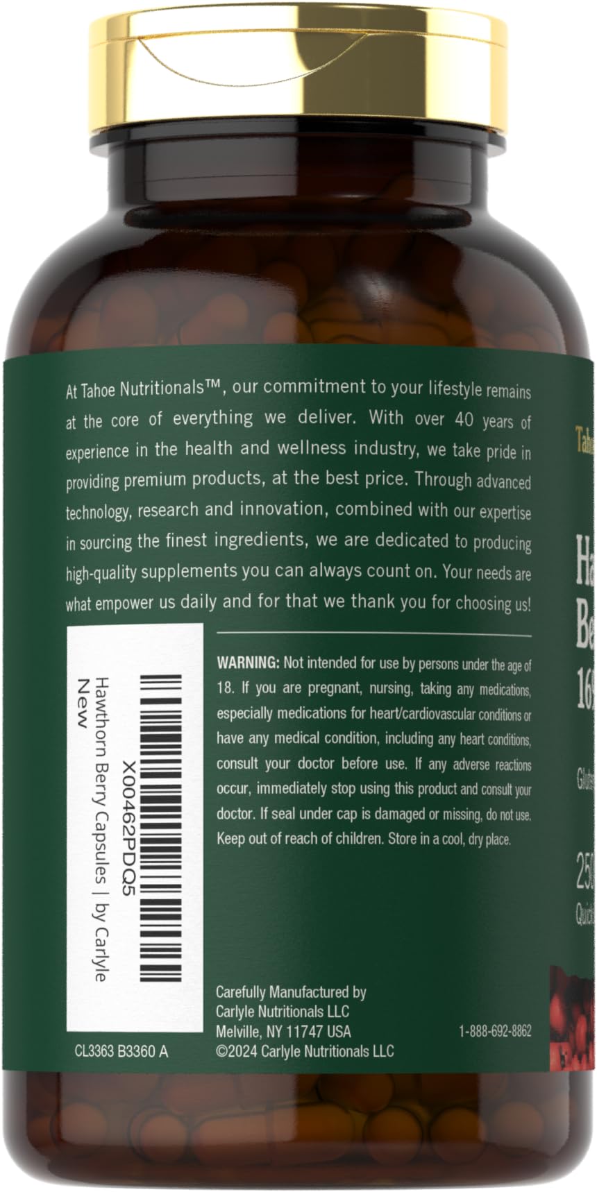 Authentic USA imported Tahoe Nutritionals Hawthorn fruit extract capsules showing product size