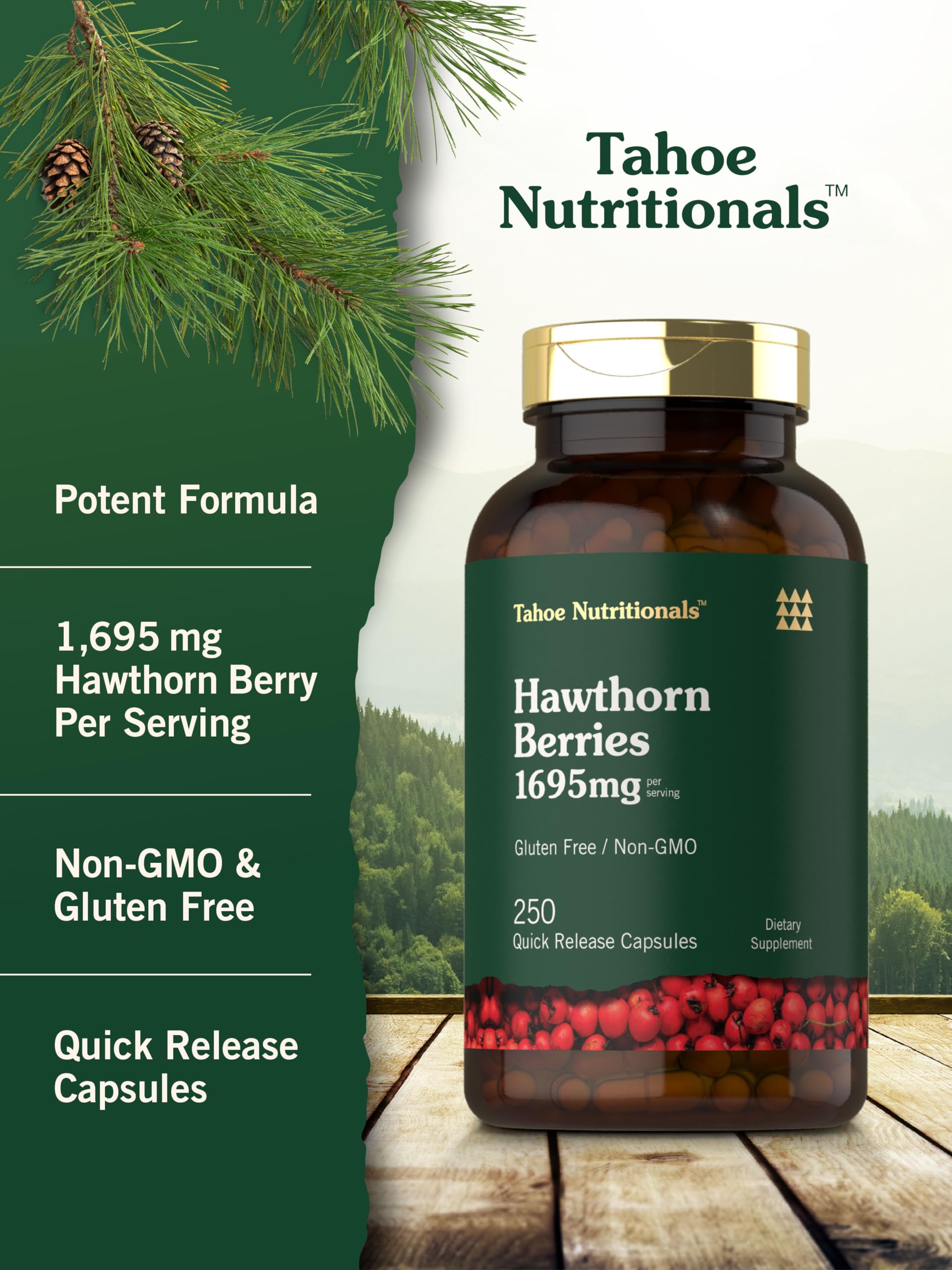 Gluten free and non-GMO Tahoe Nutritionals cardiovascular wellness supplement bottle angled view