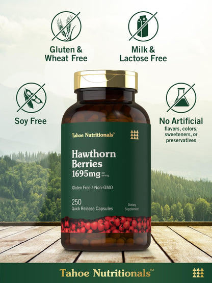 Close up of Tahoe Nutritionals quick release hawthorn berry capsules next to the bottle