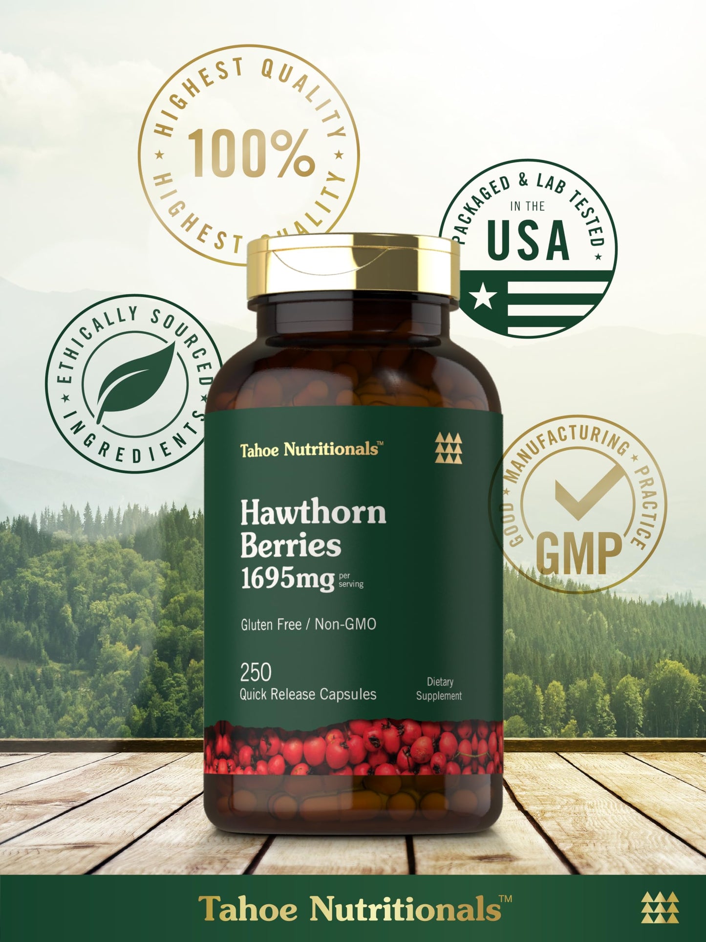 Back of the Tahoe Nutritionals Hawthorn Berry bottle showing complete ingredients and directions