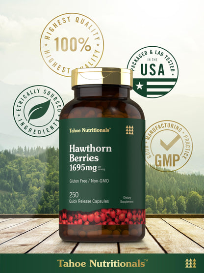 Back of the Tahoe Nutritionals Hawthorn Berry bottle showing complete ingredients and directions