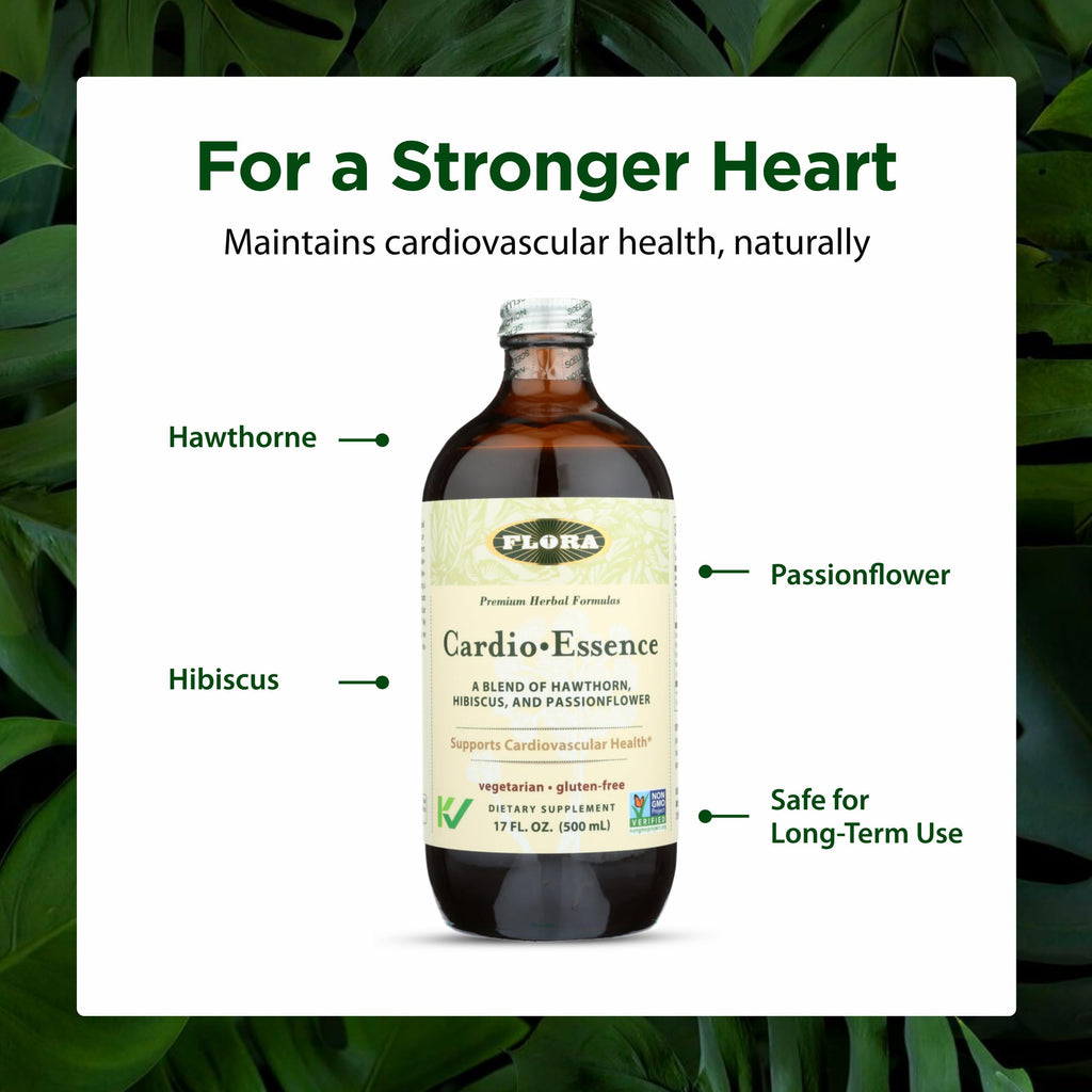 Flora Cardio Essence liquid tonic showing non-GMO and vegan certifications
