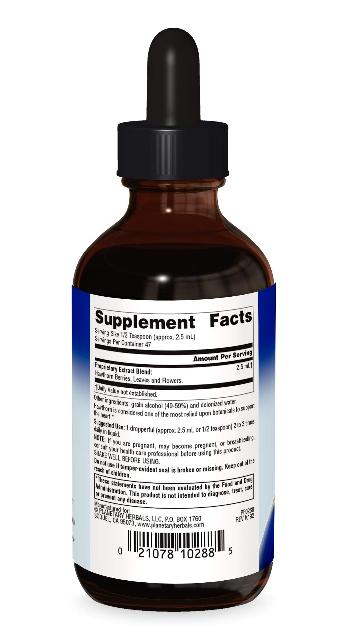 Side view of Planetary Herbals Hawthorn Extract liquid supplement highlighting ingredient blend and usage instructions.